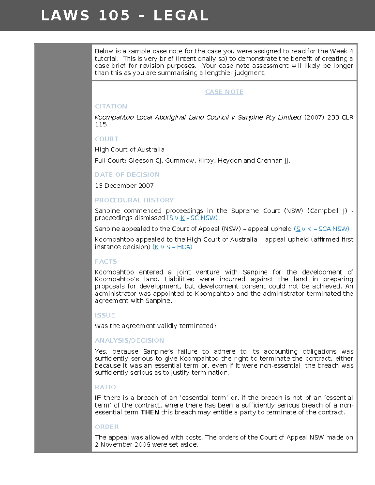 Case note example - L A W S 1 0 5 – L E G A L F O U N D A T I O N S A ...