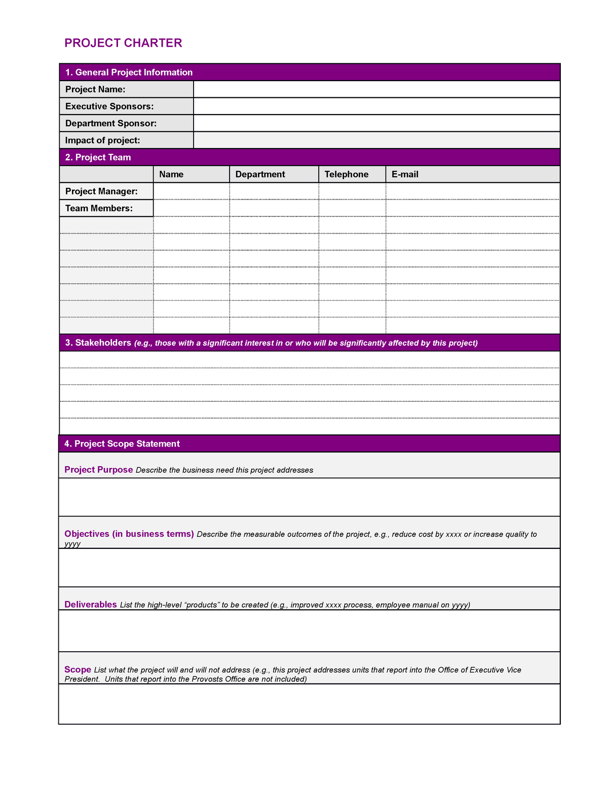 Project Charter Template - PROJECT CHARTER 1. General Project ...