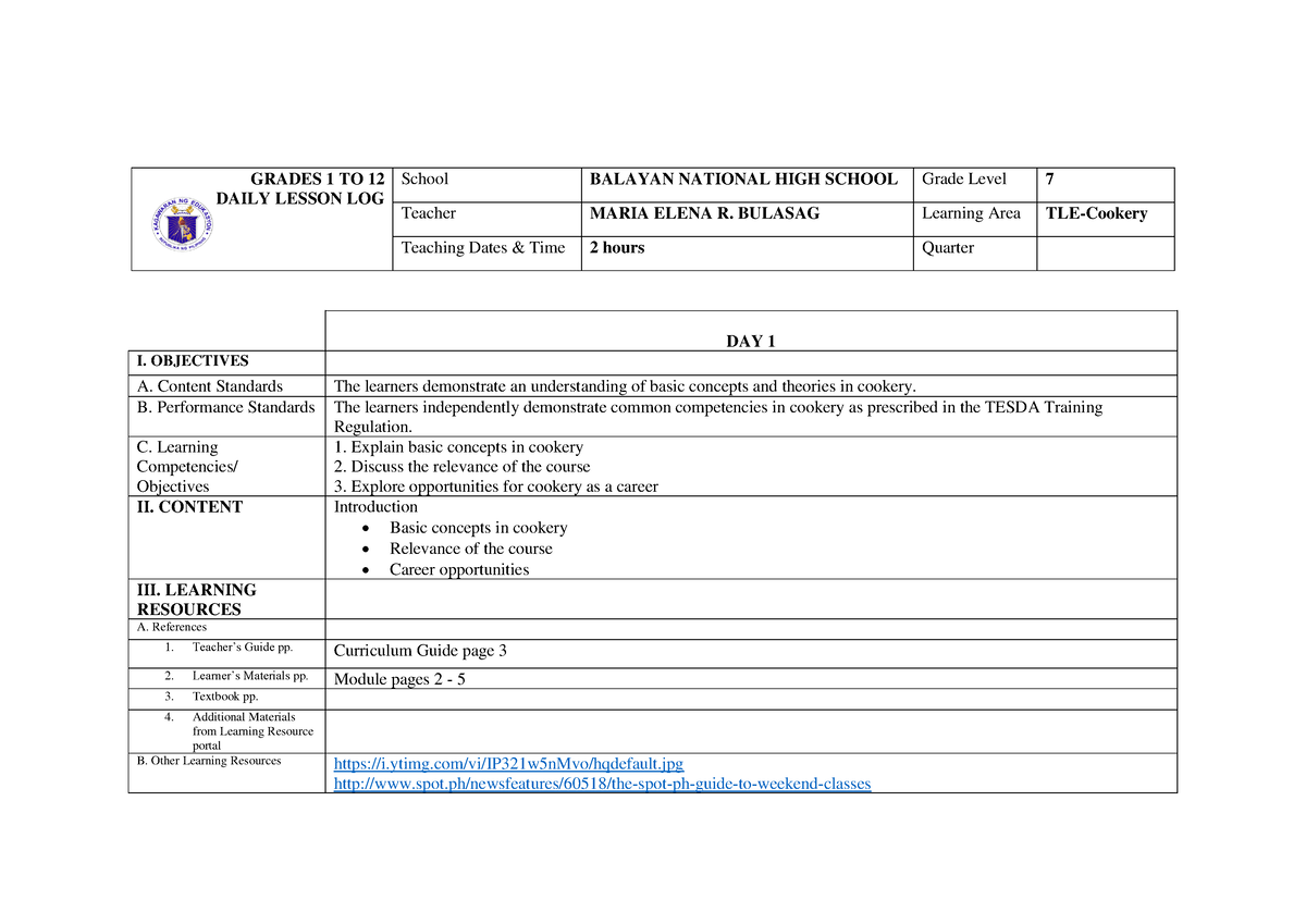 DLL Day 1 Cookery G7 - GRADES 1 TO 12 DAILY LESSON LOG School BALAYAN ...