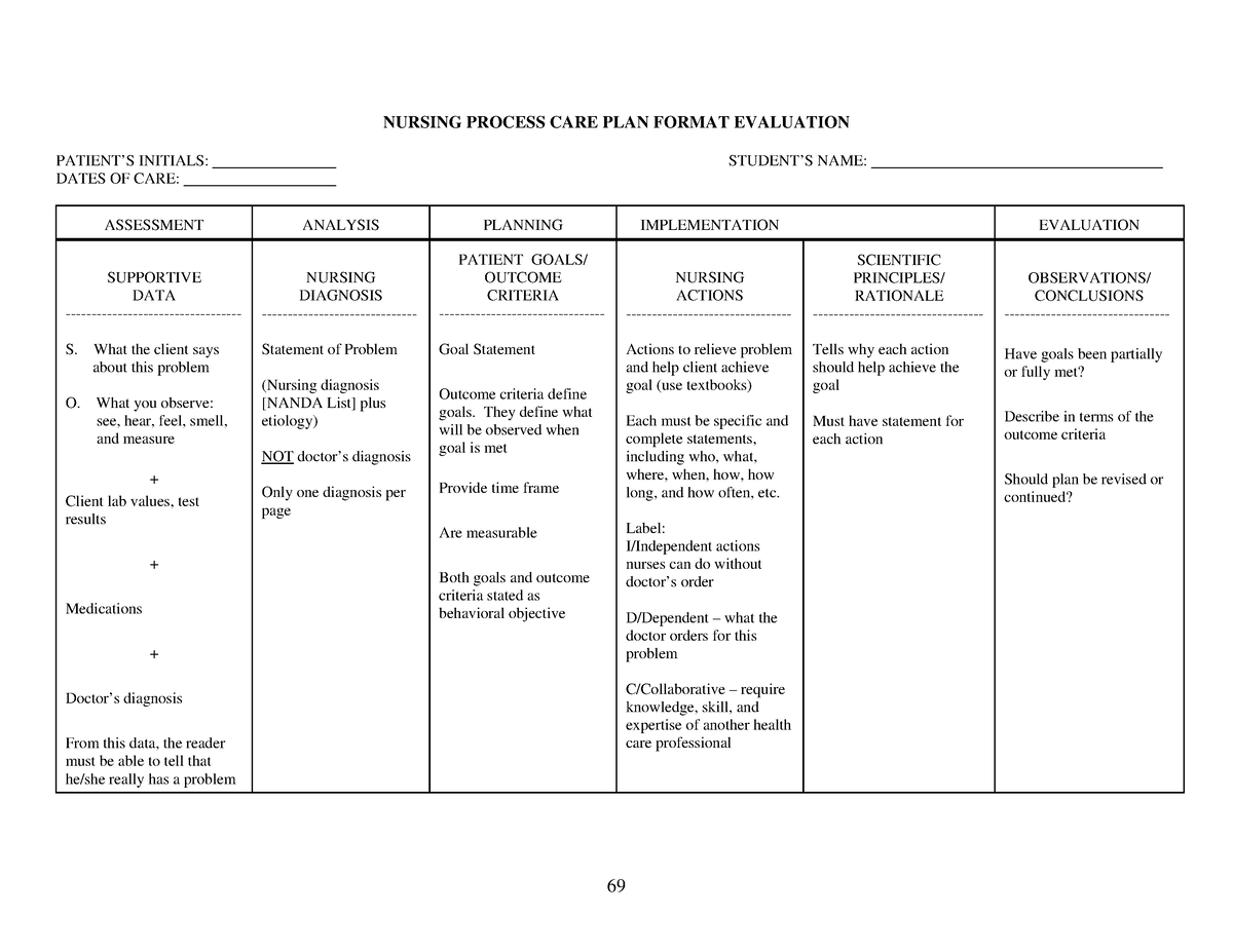 Evaluation Nursing Care Plan Template & Example