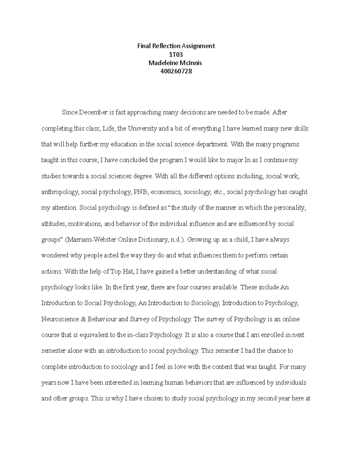 Final Reflection Assignment - Final Reflection Assignment 1T Madeleine ...
