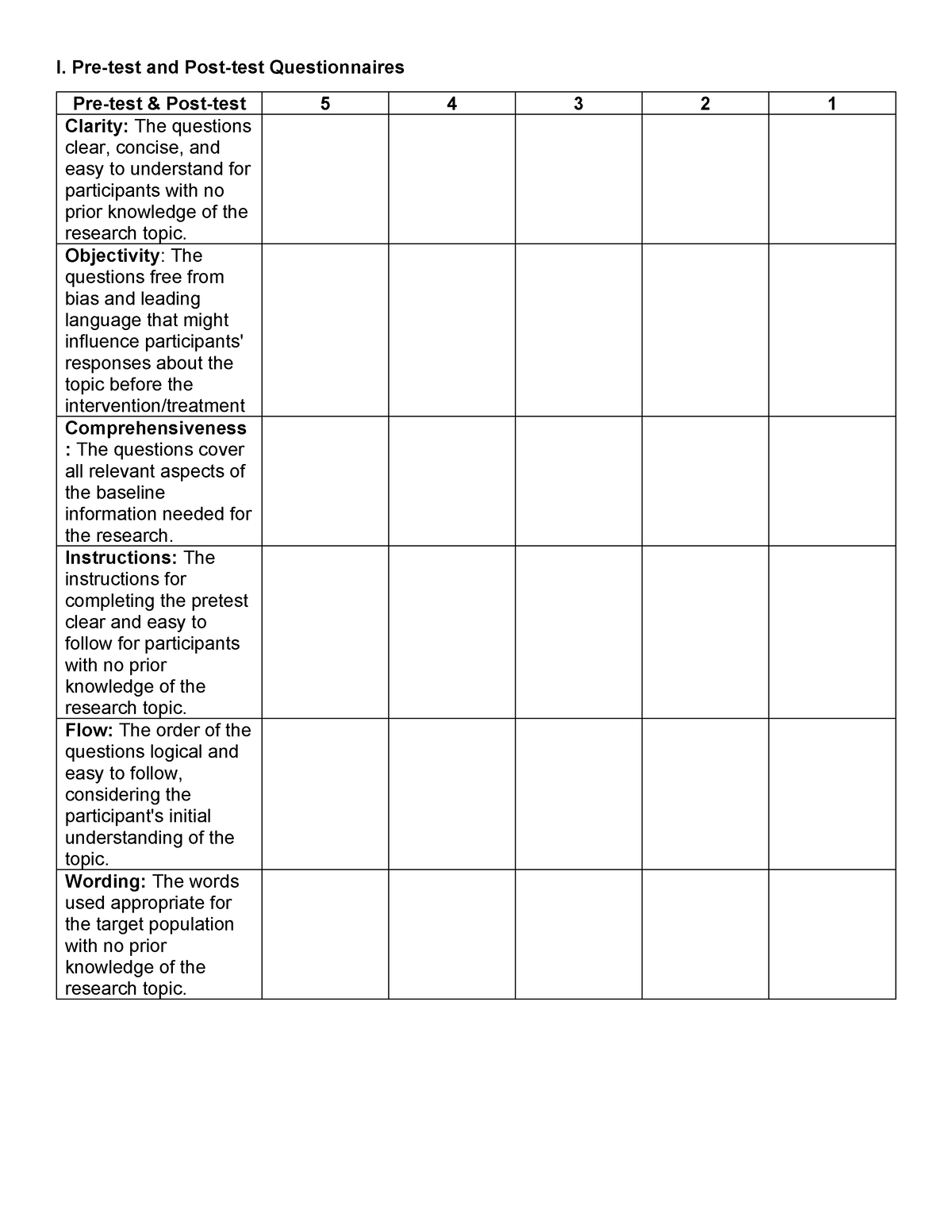 Sheet - Safs - I. Pre-test And Post-test Questionnaires Pre-test & Post 