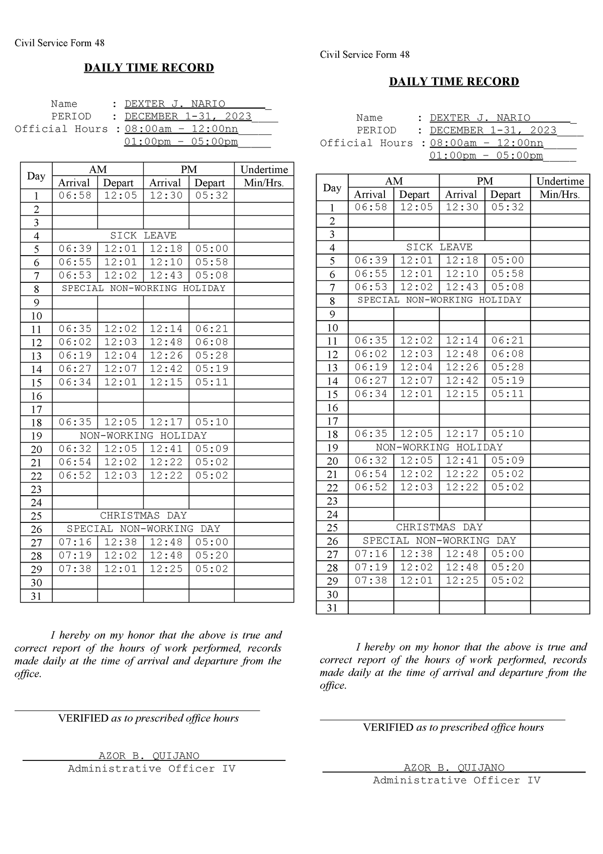 Civil Service Form 48 Daily Time Record - Civil Service Form 48 DAILY ...