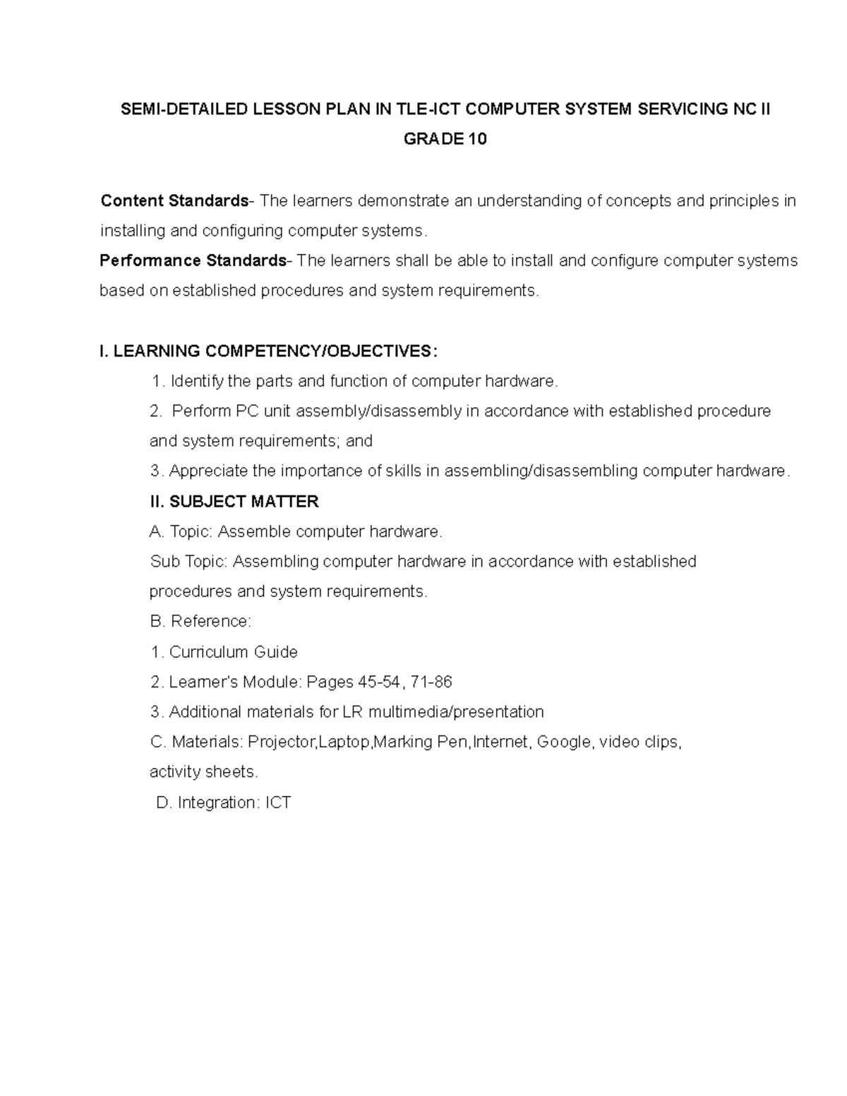 Semi-detailed tle - SEMI-DETAILED LESSON PLAN IN TLE-ICT COMPUTER ...