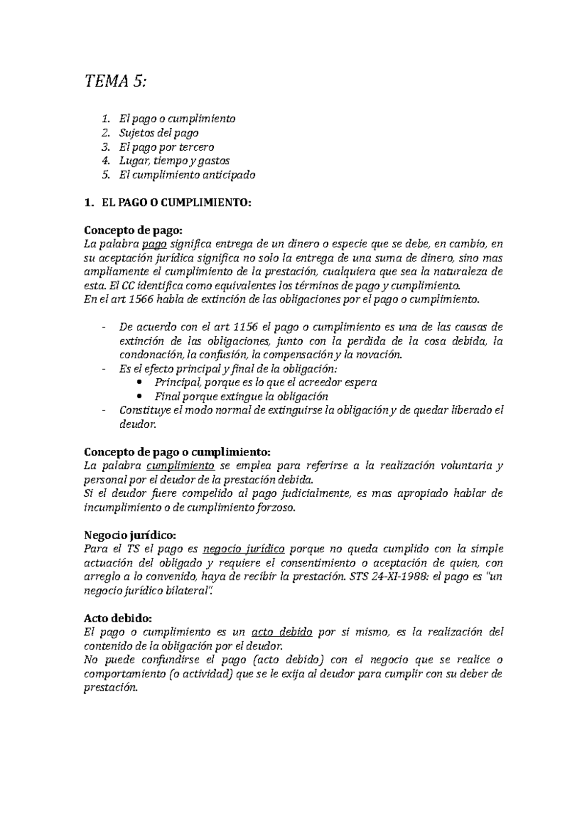 TEMA 5 - Apuntes 5 - TEMA 5: El Pago O Cumplimiento Sujetos Del Pago El ...