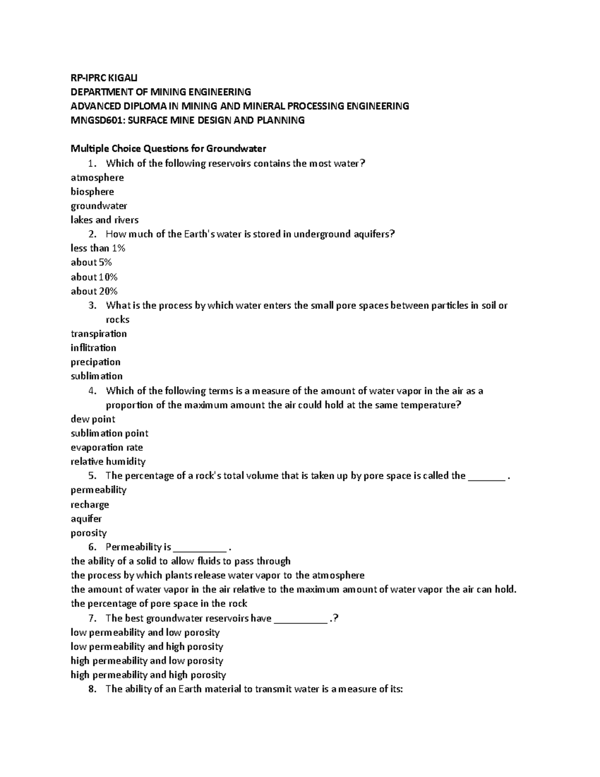 Assessment - RP-IPRC KIGALI DEPARTMENT OF MINING ENGINEERING ADVANCED ...