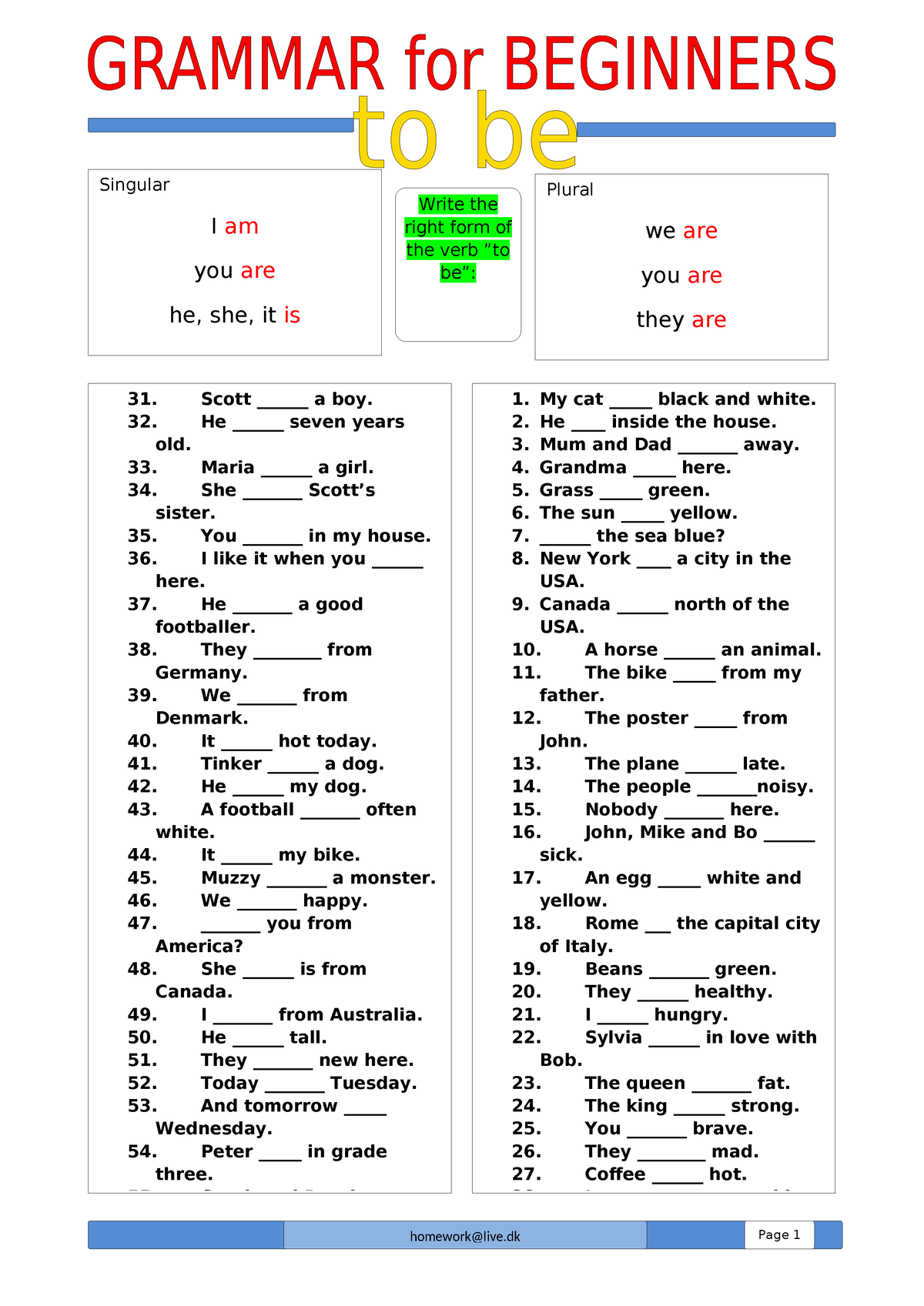 VERB TO BE Worksheets - Verbo yo be - homework@live Singular I am you ...