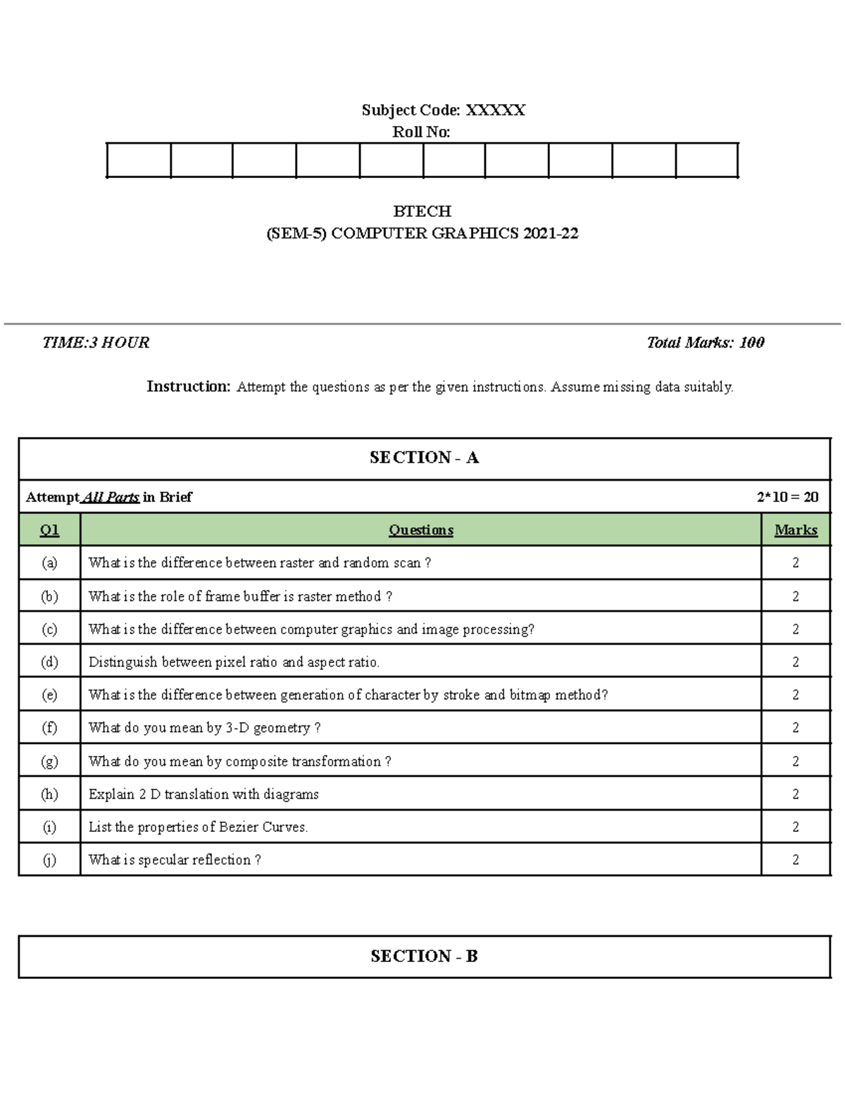 Computer Graphics Question Paper 21 22 Subject Code XXXXX Roll No
