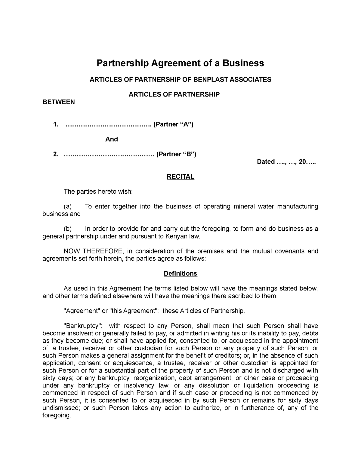 General Partnership Agreement B - Partnership Agreement Of A Business ...