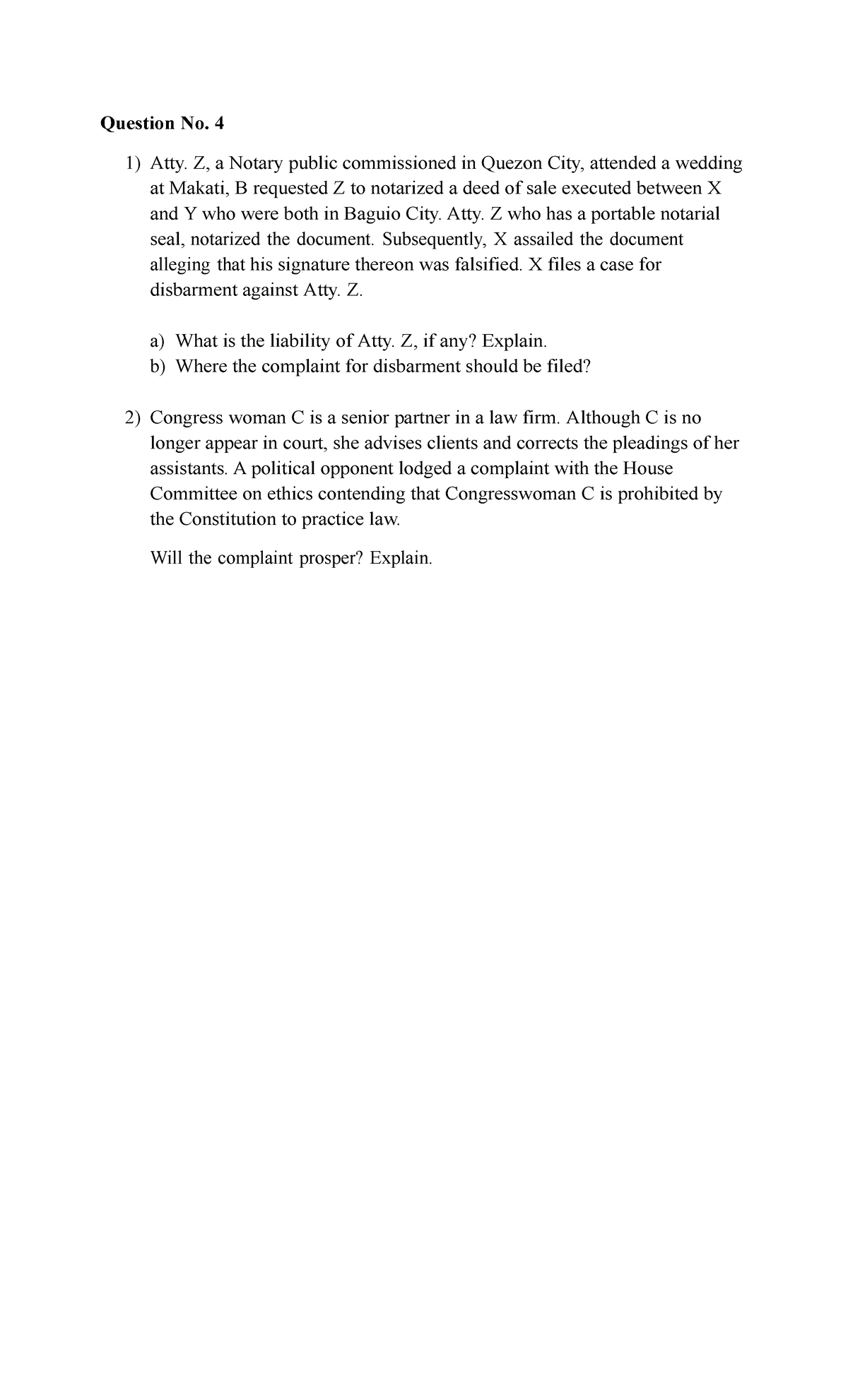 Legal Ethics Bar Q and A Part 3 Question No. 4 Atty. Z, a Notary