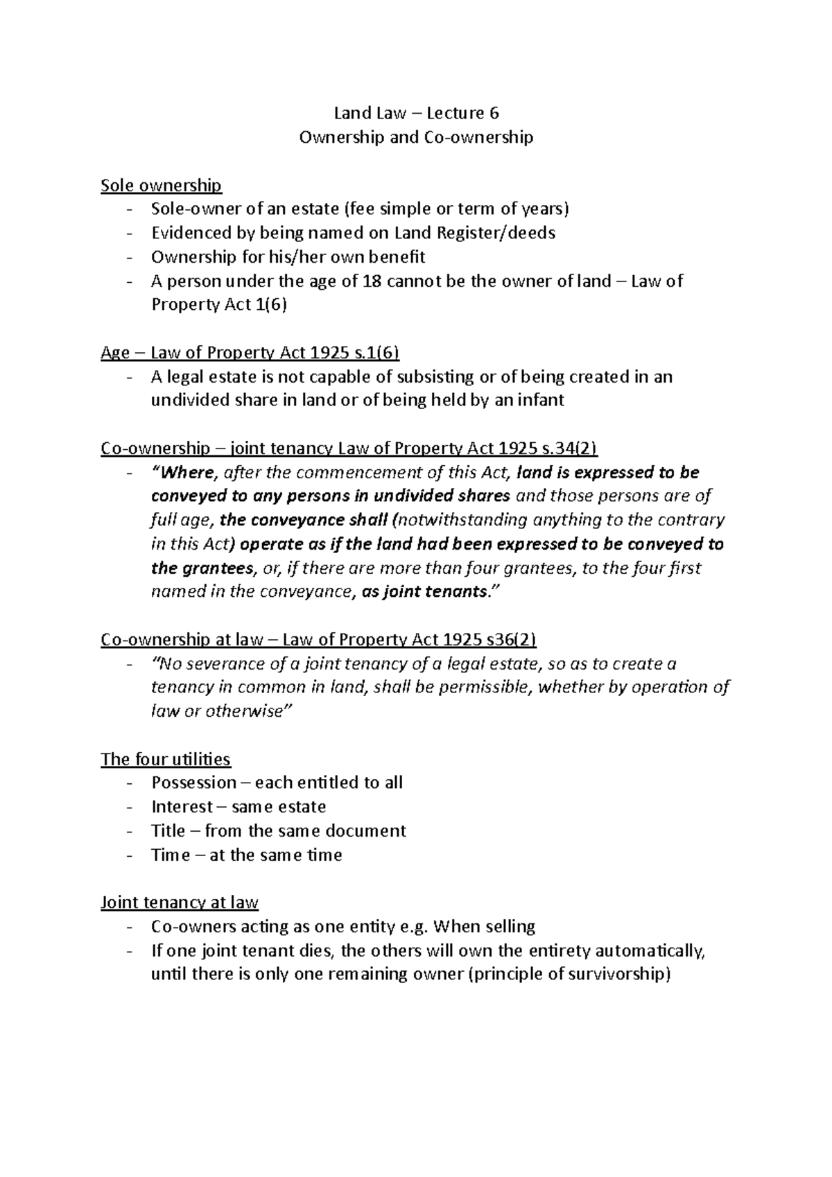 Lecture 6- Ownership & Co-ownership - Land Law – Lecture 6 Ownership ...