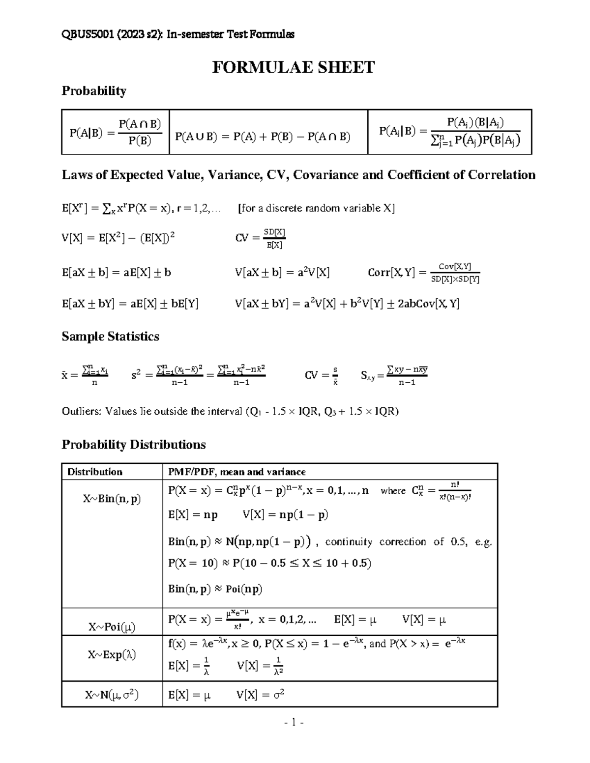 Formula sheet In-semester Test - edited - QBUS5001 (202 3 s 2 ): In ...