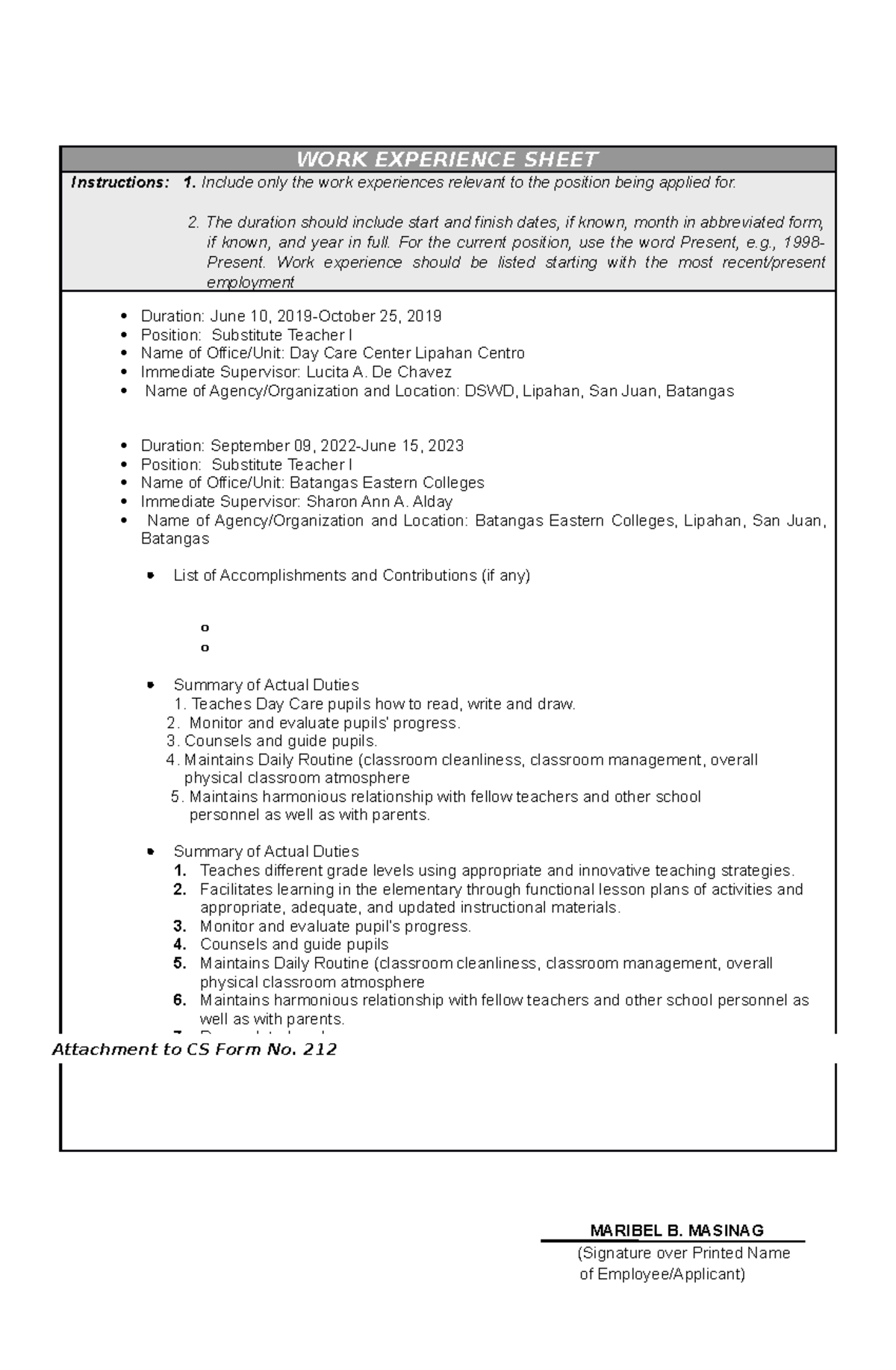 F 014 CS Form No worksheet experience WORK EXPERIENCE SHEET