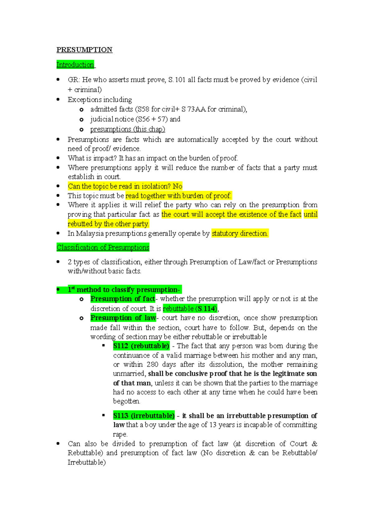 Chapter 8 Presumption - PRESUMPTION Introduction GR: He Who Asserts ...