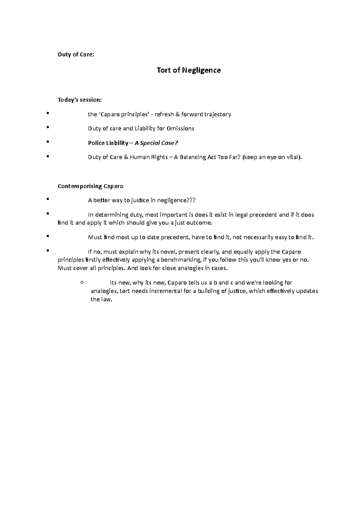 Duty of Care lecture notes full - Duty of Care: Tort of Negligence ...