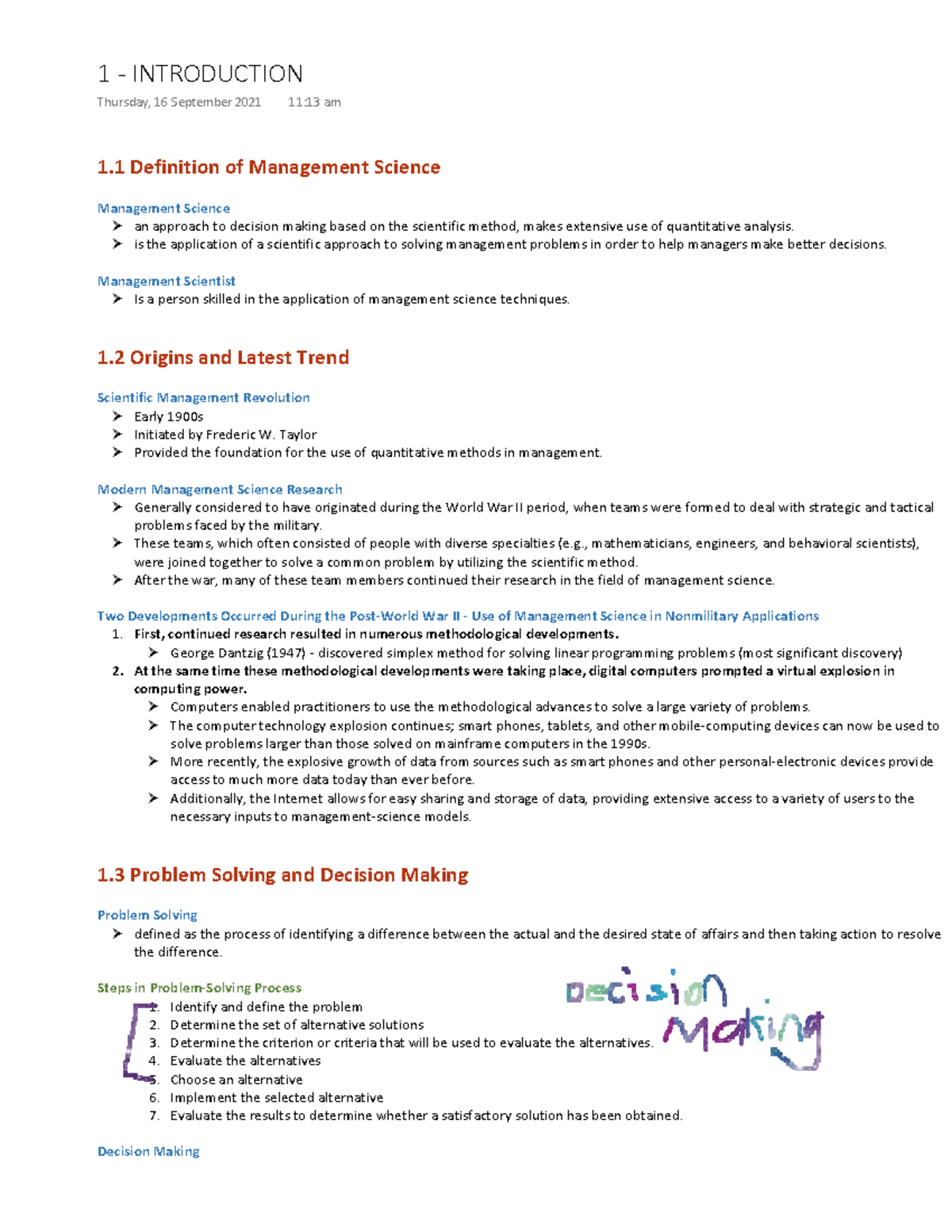 Introduction in Management Science - Notes - ϭ͘ϭ ĞĨŝŶŝƚŝŽŶ ŽĨ ...