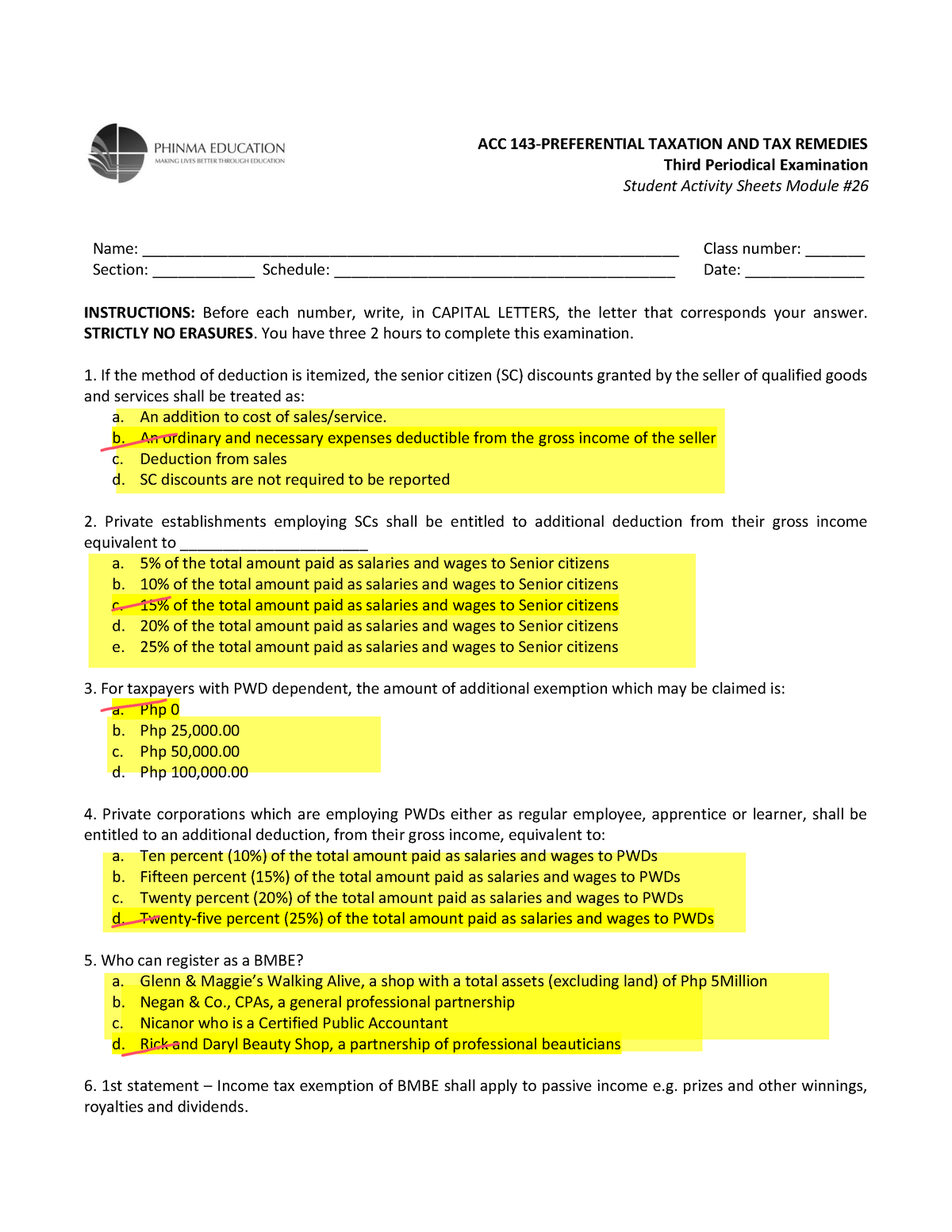 ACC-143 P3-EXAM WITH-KEYS - ACC 143-PREFERENTIAL TAXATION AND TAX ...