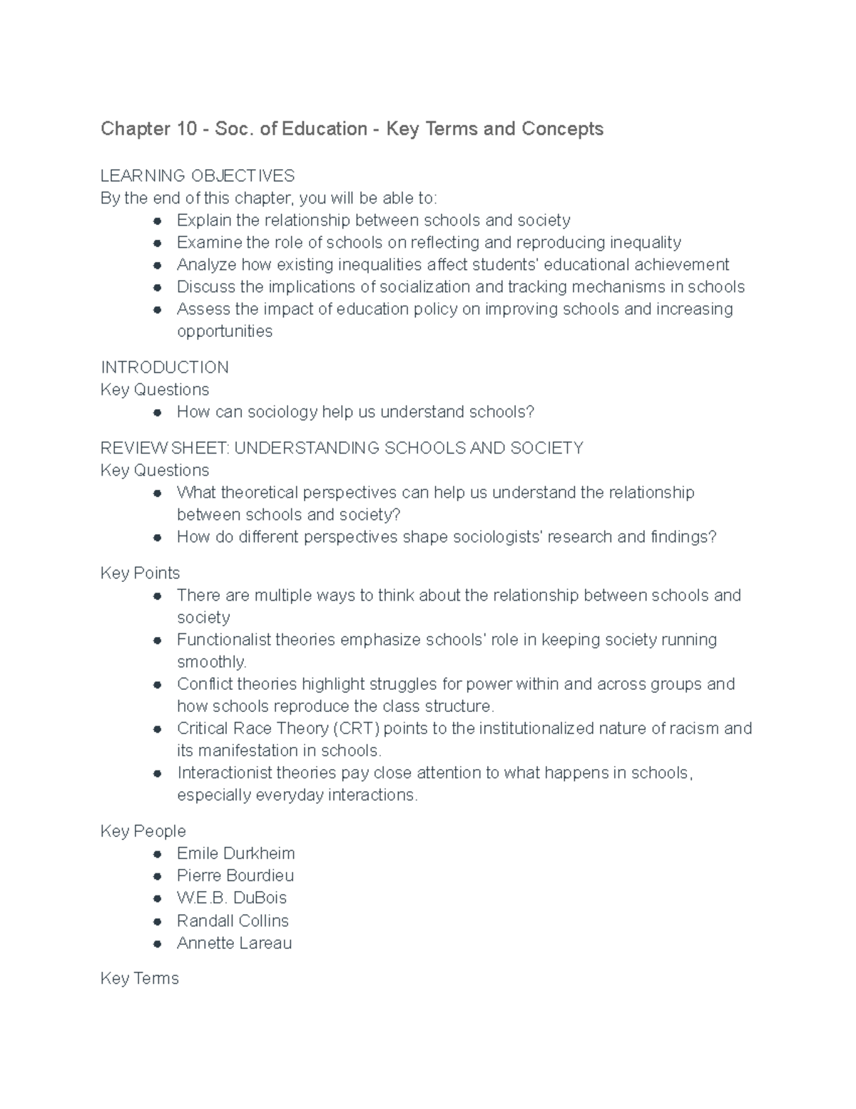 Chapter 10 notes Sociology Chapter 10 Soc. of Education Key Terms