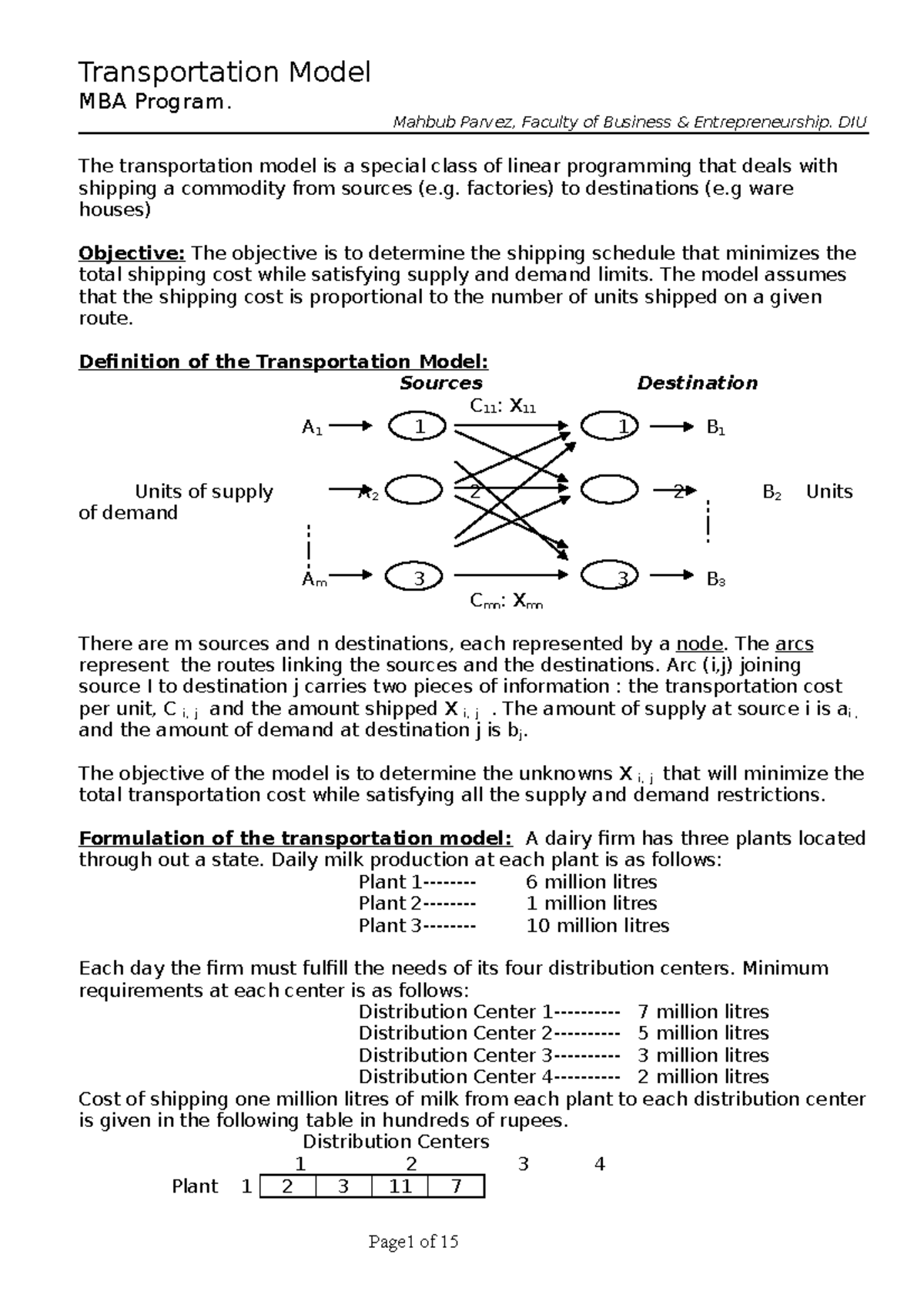 Transportation Model - xcvvxvcxcvxcvxc - MBA Program. Mahbub Parvez ...