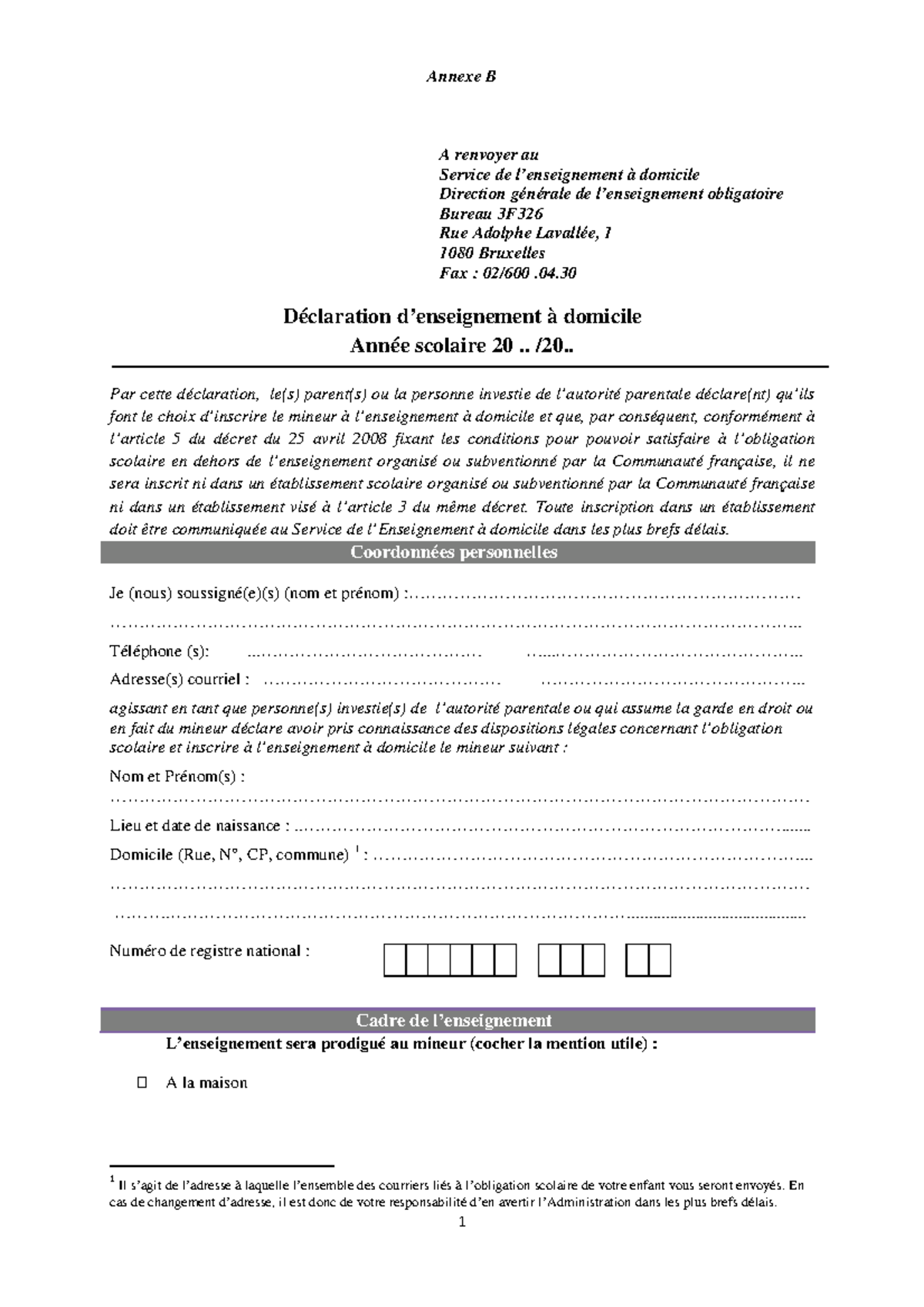 DA©claration D Enseignement A Domicile (Annexe B) (ressource 15285 ...