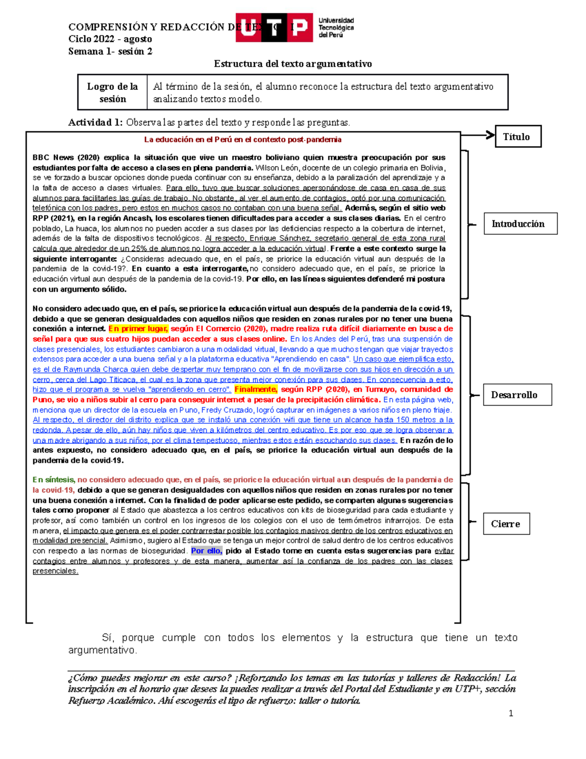 S01 S2 Material Estructura Del Texto Argumentativo ComprensiÓn Y RedacciÓn De Textos I Ciclo 9929