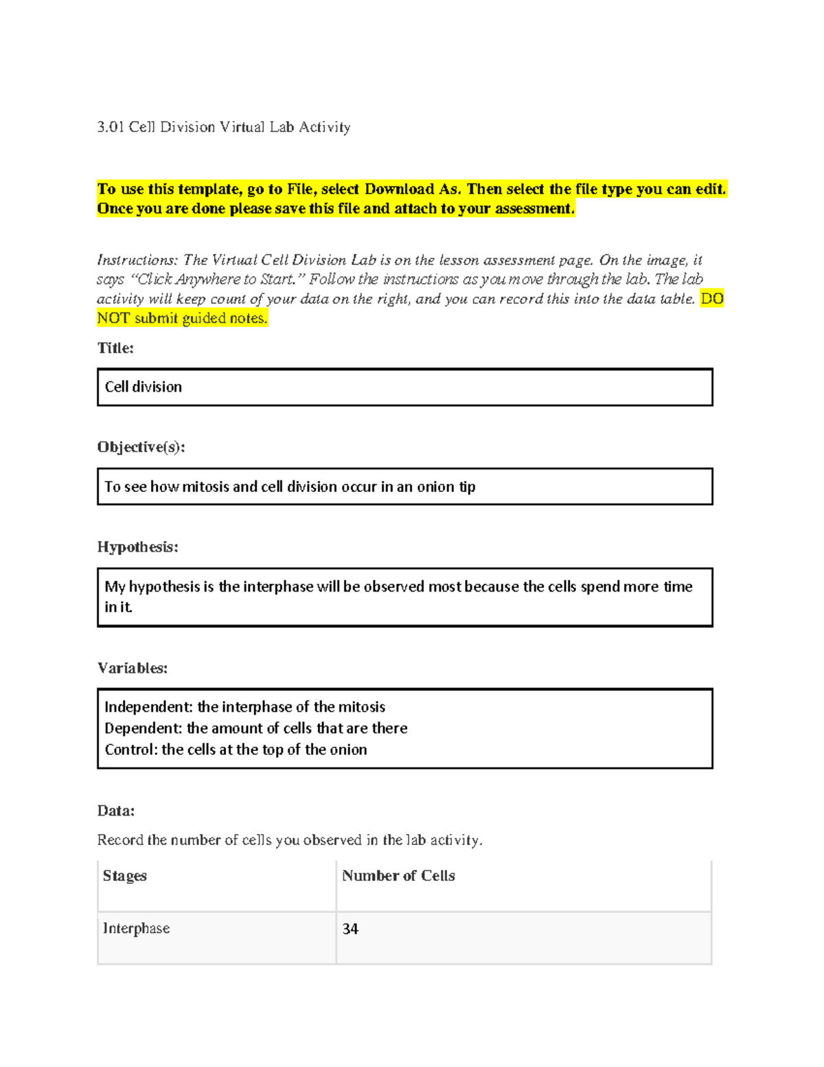 3.01 bio lab - Lab - 3 Cell Division Virtual Lab Activity To use this ...