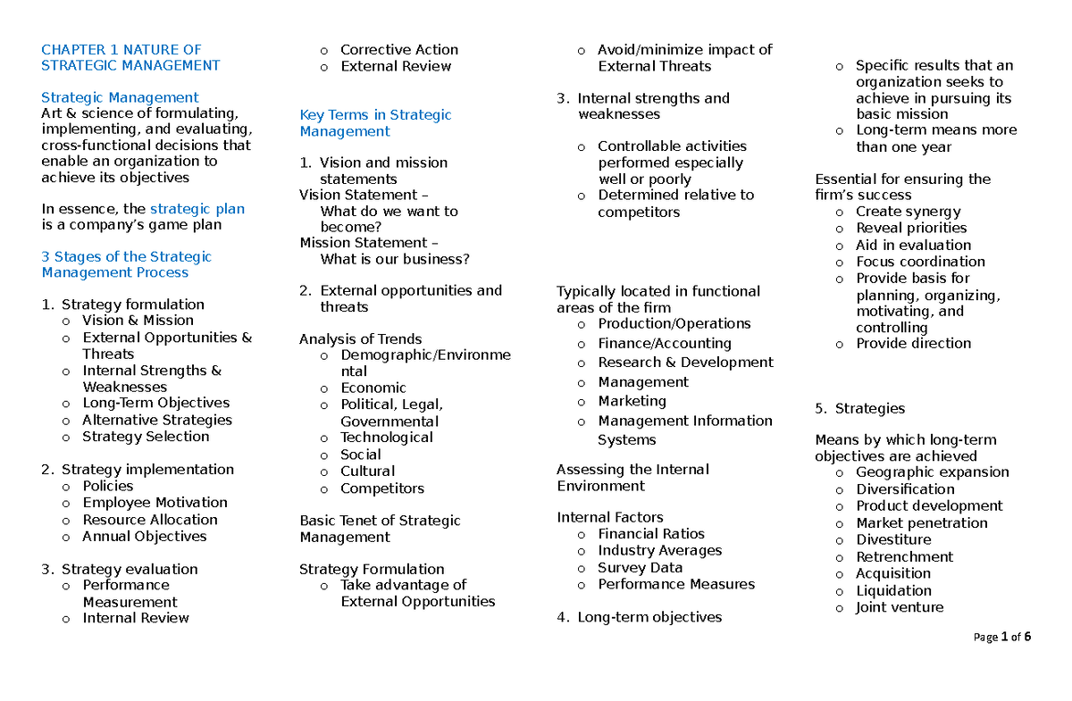 Reviewer - Strategic management course. Chapter 1 nature of strategic ...