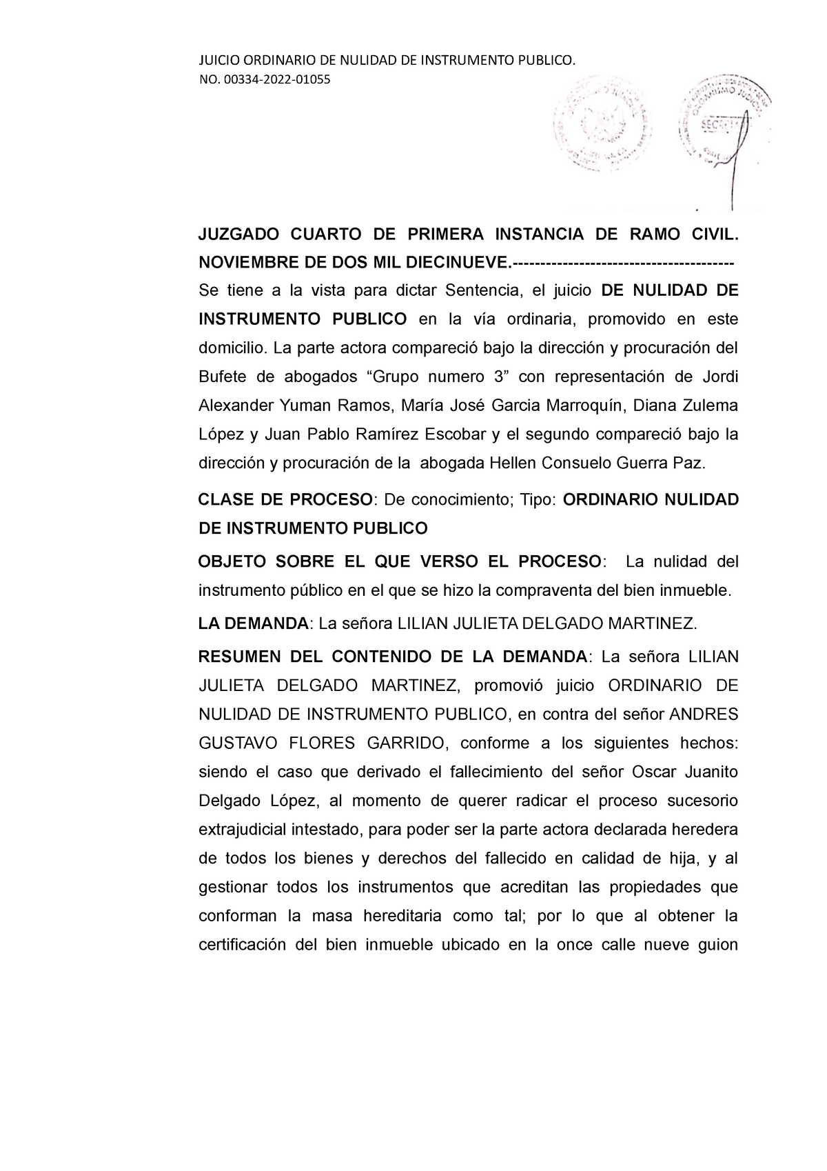 Sentencia - JUICIO ORDINARIO DE NULIDAD DE INSTRUMENTO PUBLICO. NO ...