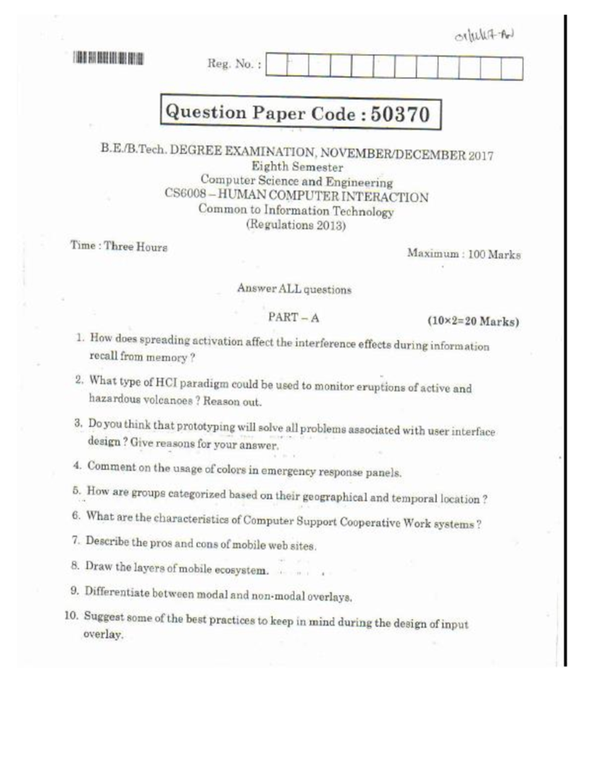 AU Exam Question Paper Human Computer Interaction Warning TT