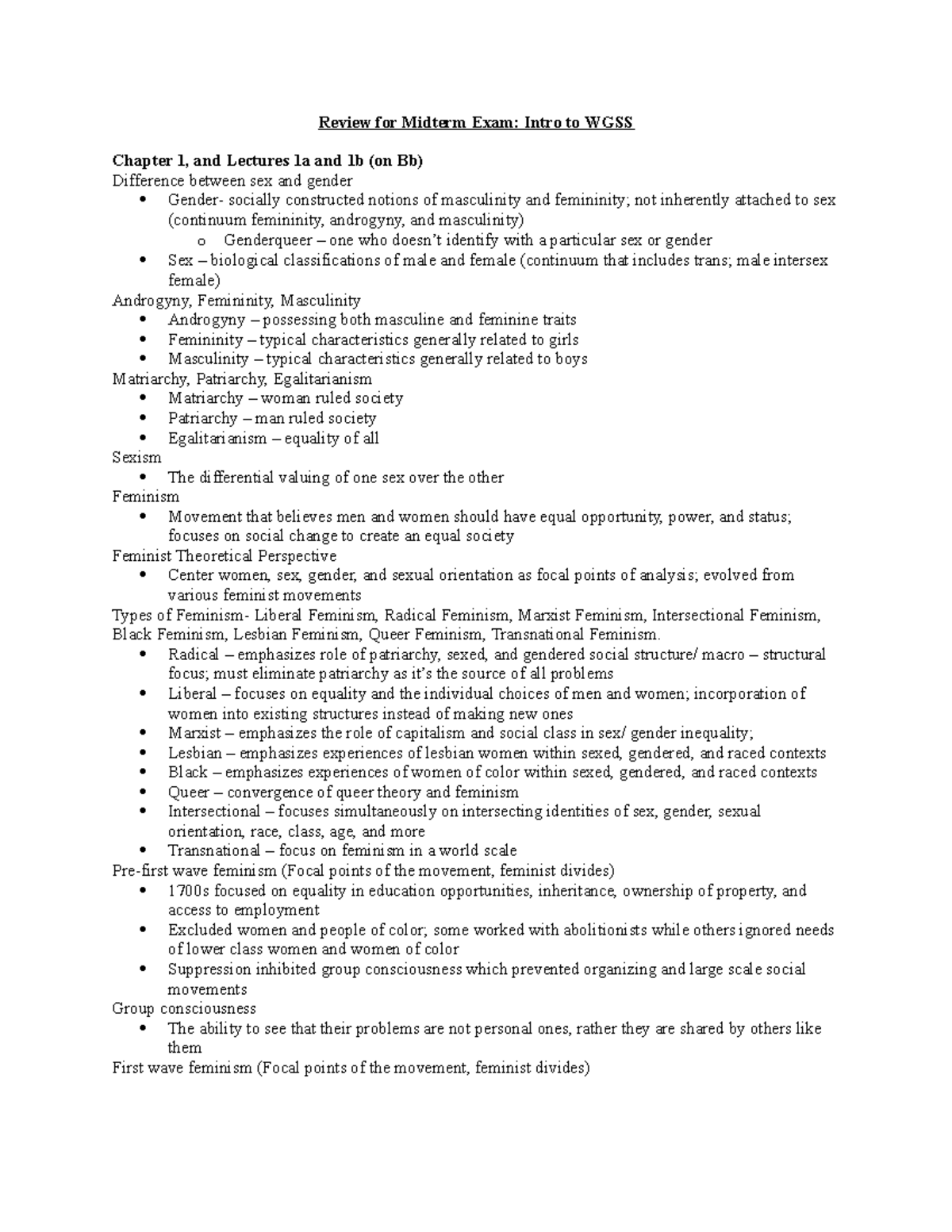 WGSS Midterm Study Guide - Review For Midterm Exam: Intro To WGSS ...