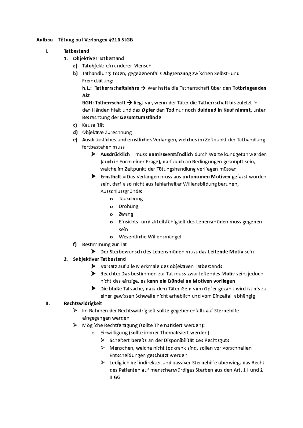 Tötung Auf Verlangen Schema Aufbauschema §216 - Aufbau auf Verlangen StGB I. II. Tatbestand 1