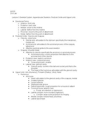Lab 2 Notes - 8/31/ Zoology Lab Lab 2 Notes: Skeletal System (Axial ...