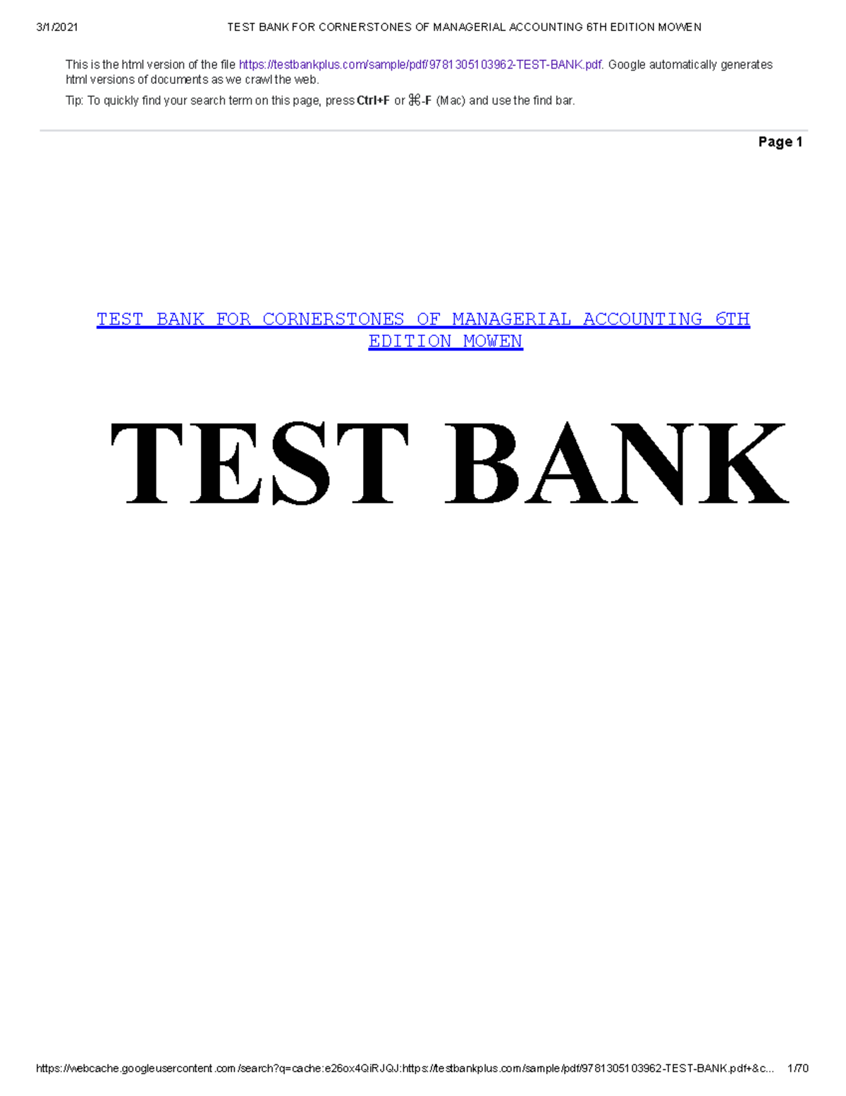 TEST BANK FOR Cornerstones OF Managerial Accounting 6TH Edition Mowen ...