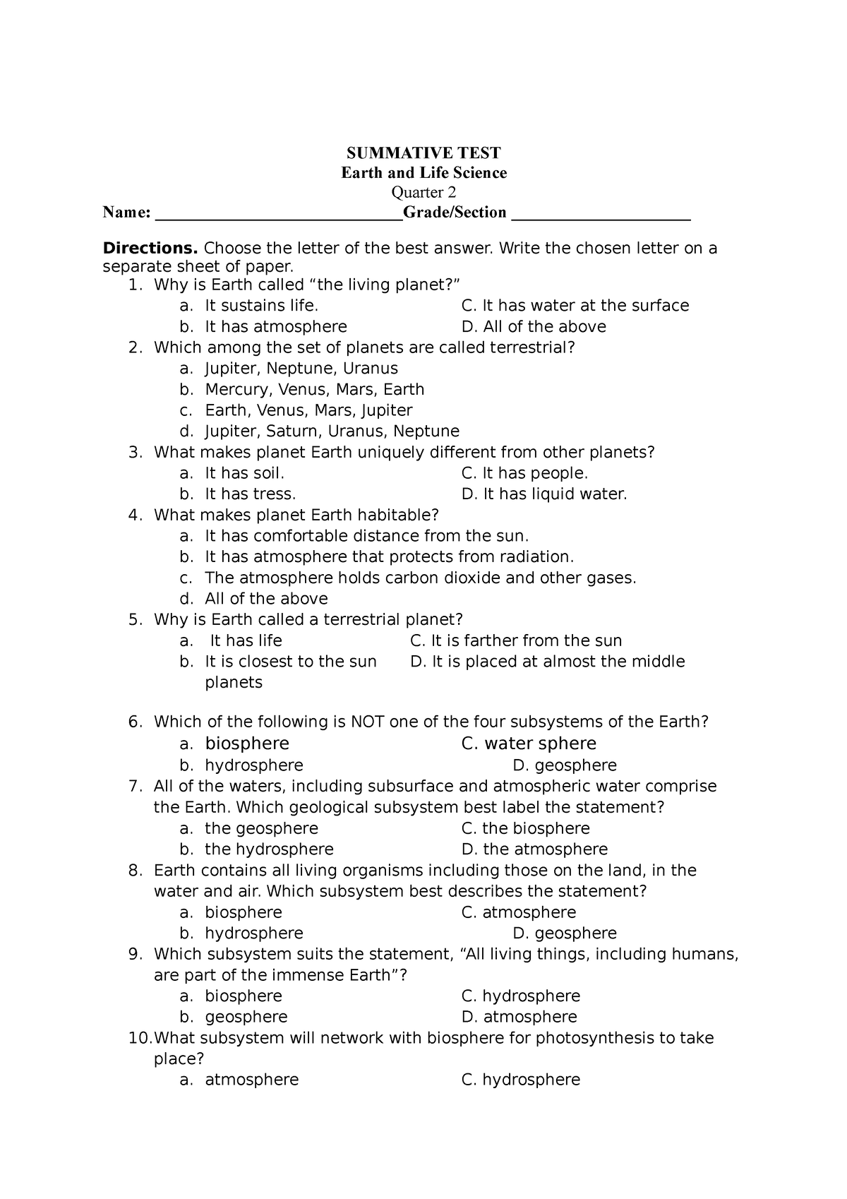 Earth And Life Science Summative Test SUMMATIVE TEST Earth And Life 