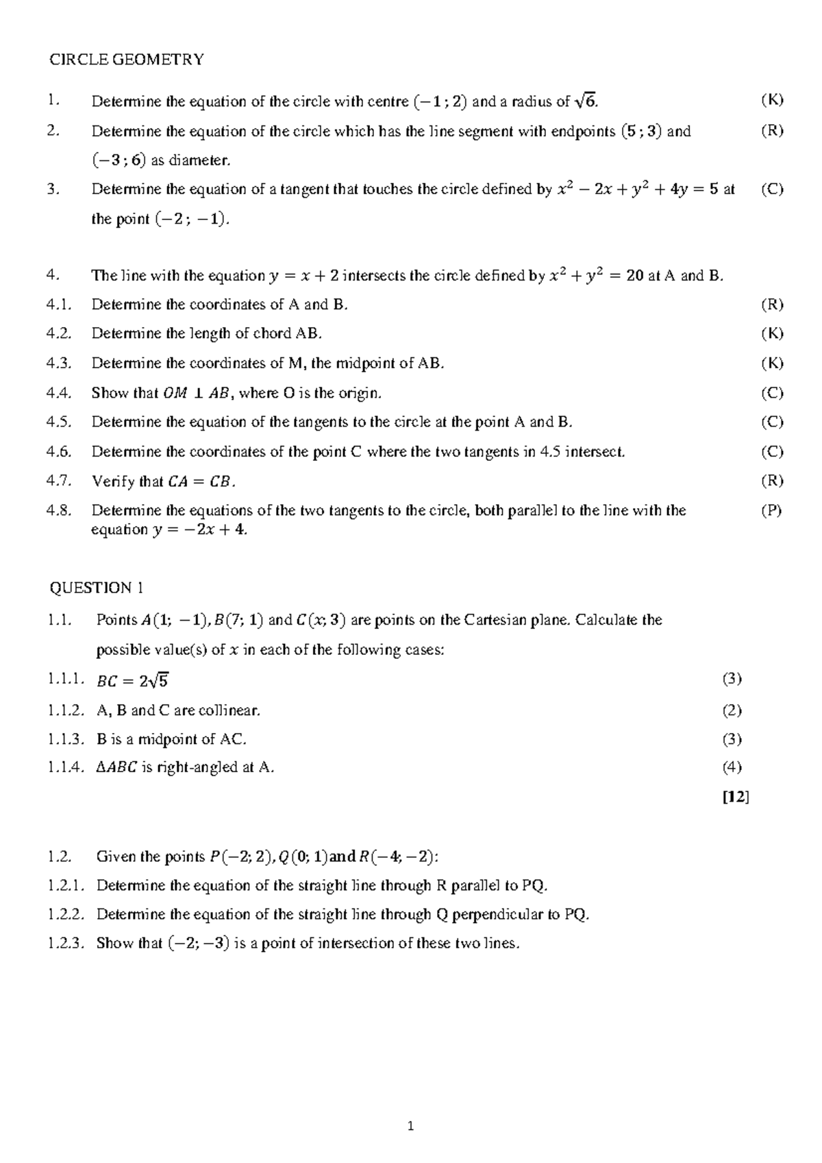 Analytical Geometry - CIRCLE GEOMETRY 1. Determine the equation of the ...