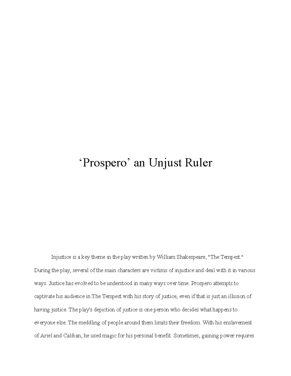 William Shakespeare , the tempest , prospro - ‘Prospero’ an Unjust ...