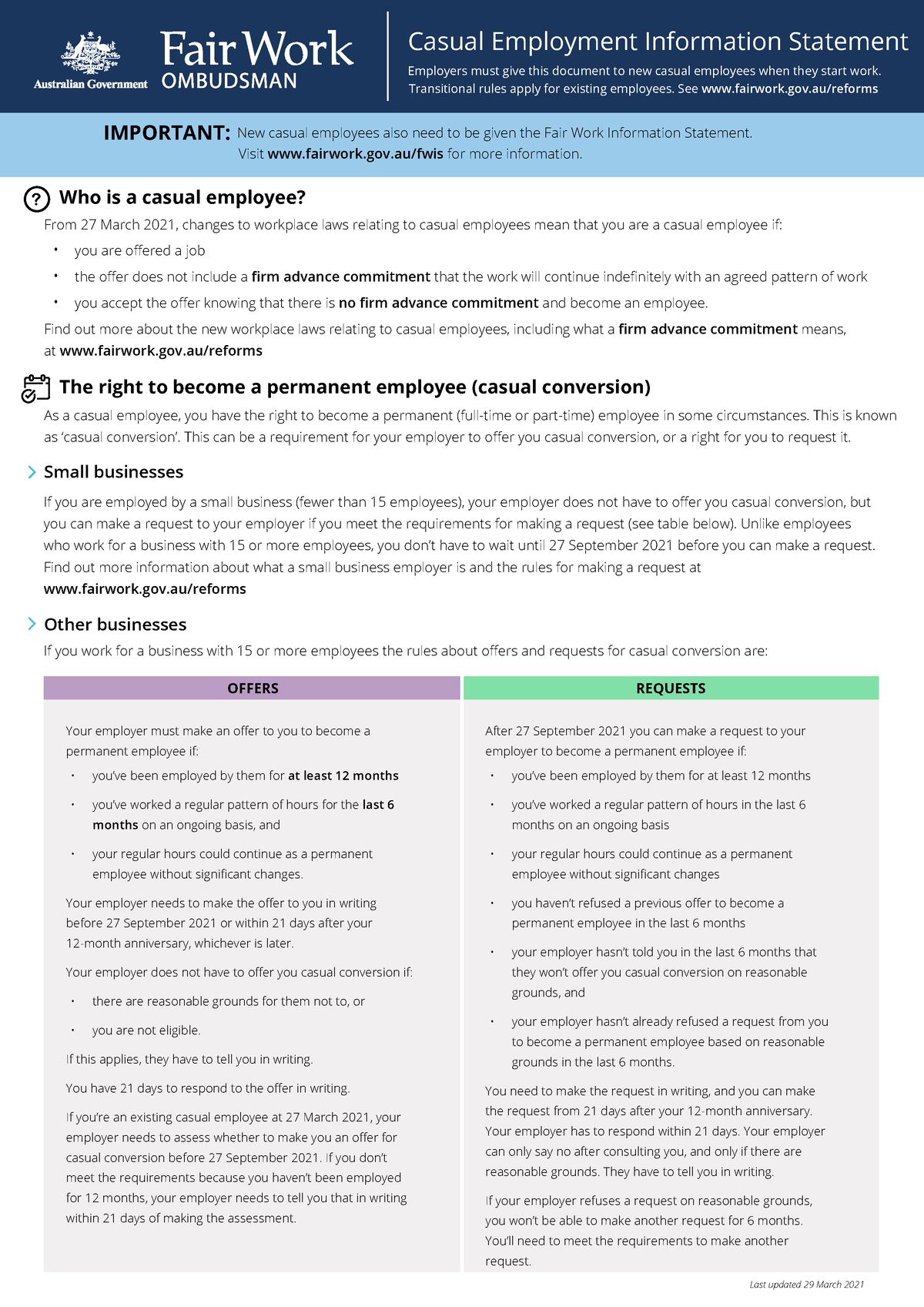 Casual Fair Work Employment information Apr 2021[633] Casual