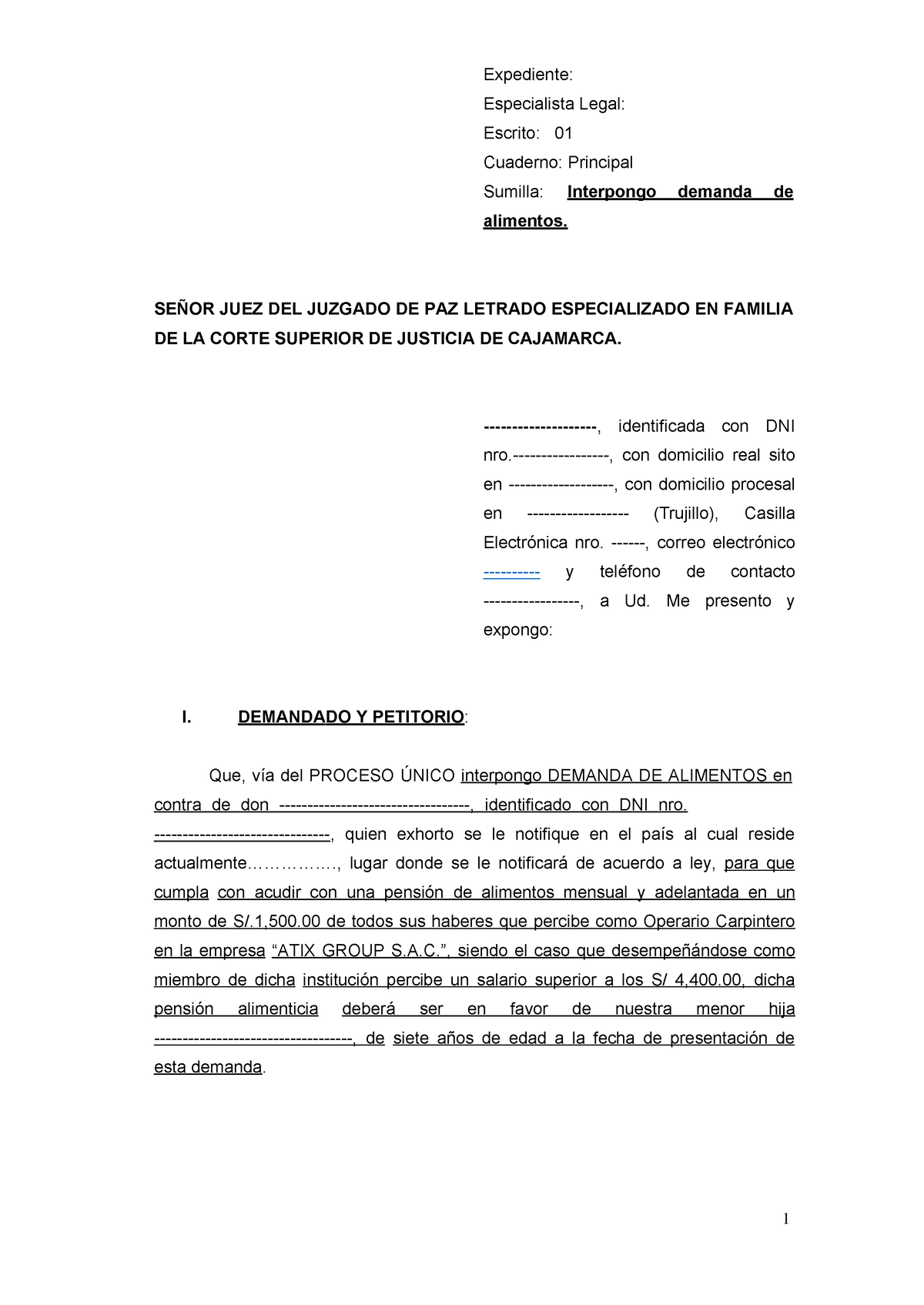 Modelo Demanda Exhorto - 1 Expediente: Especialista Legal: Escrito: 01  Cuaderno: Principal Sumilla: - Studocu