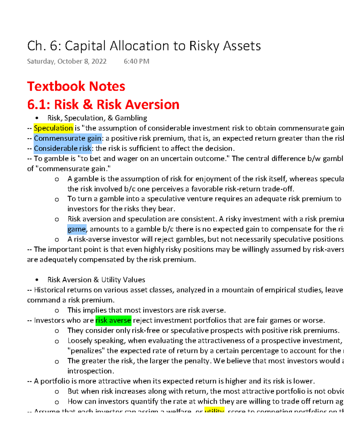 Ch. 6 Capital Allocation to Risky Assets - Textbook Notes 6: Risk ...