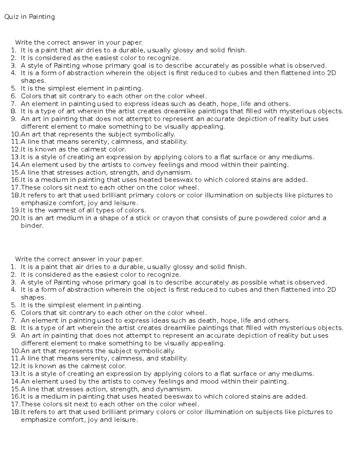 Quiz Painting - Quiz in Painting Write the correct answer in your paper ...