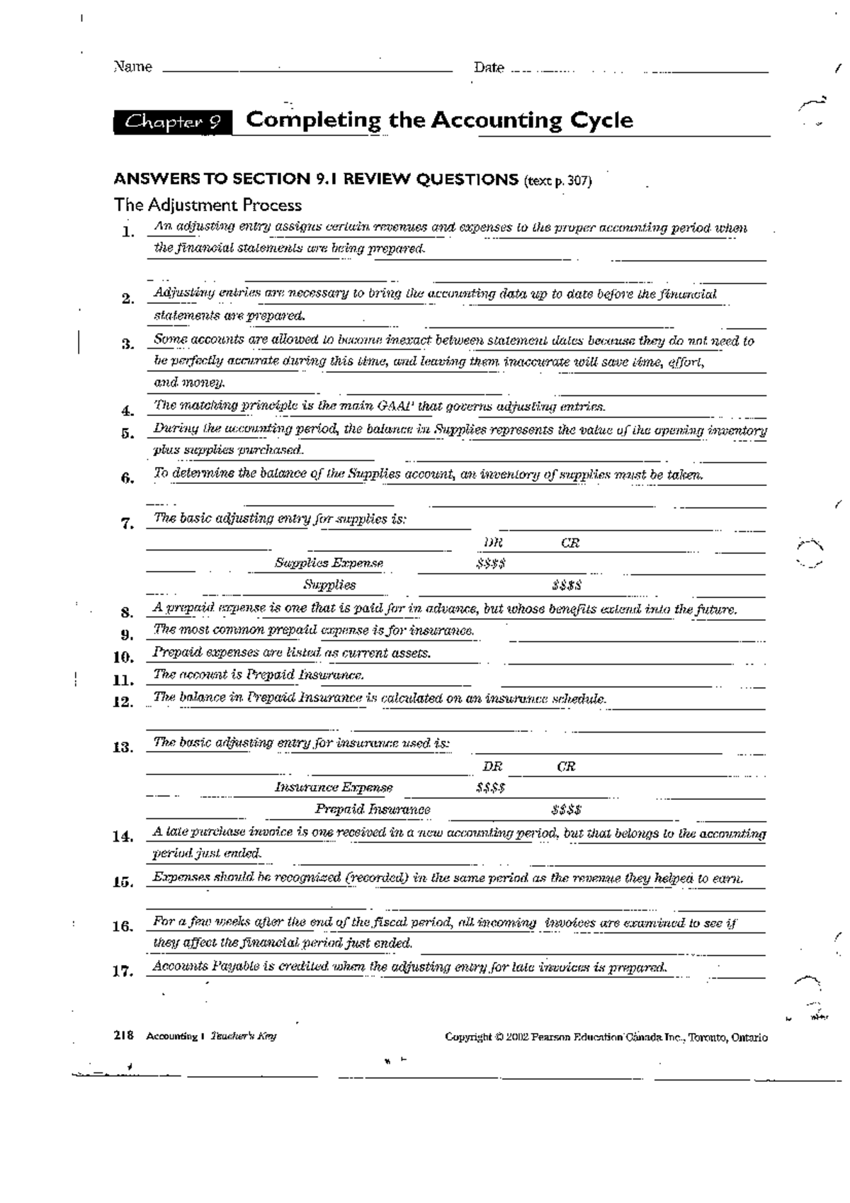 Chapter 9.1 Solutions - Name Date Chapter 9 Completing the Accounting ...