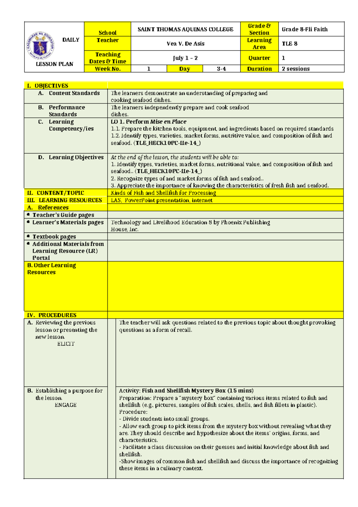 LPQ1 W2 D4 Kinds of Fish and Shellfish for Processing DAILY LESSON