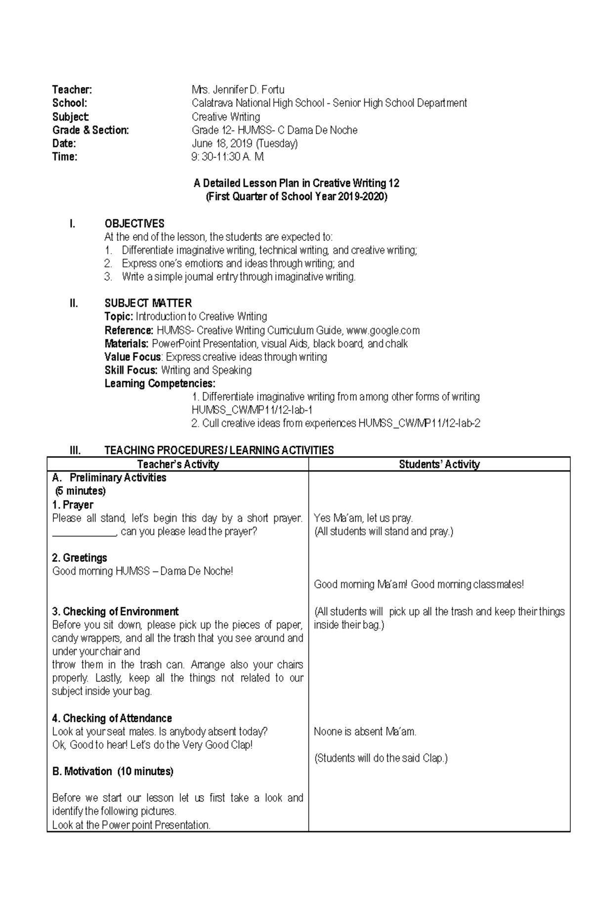 Detailed Lesson Plan In English For High School Pdf