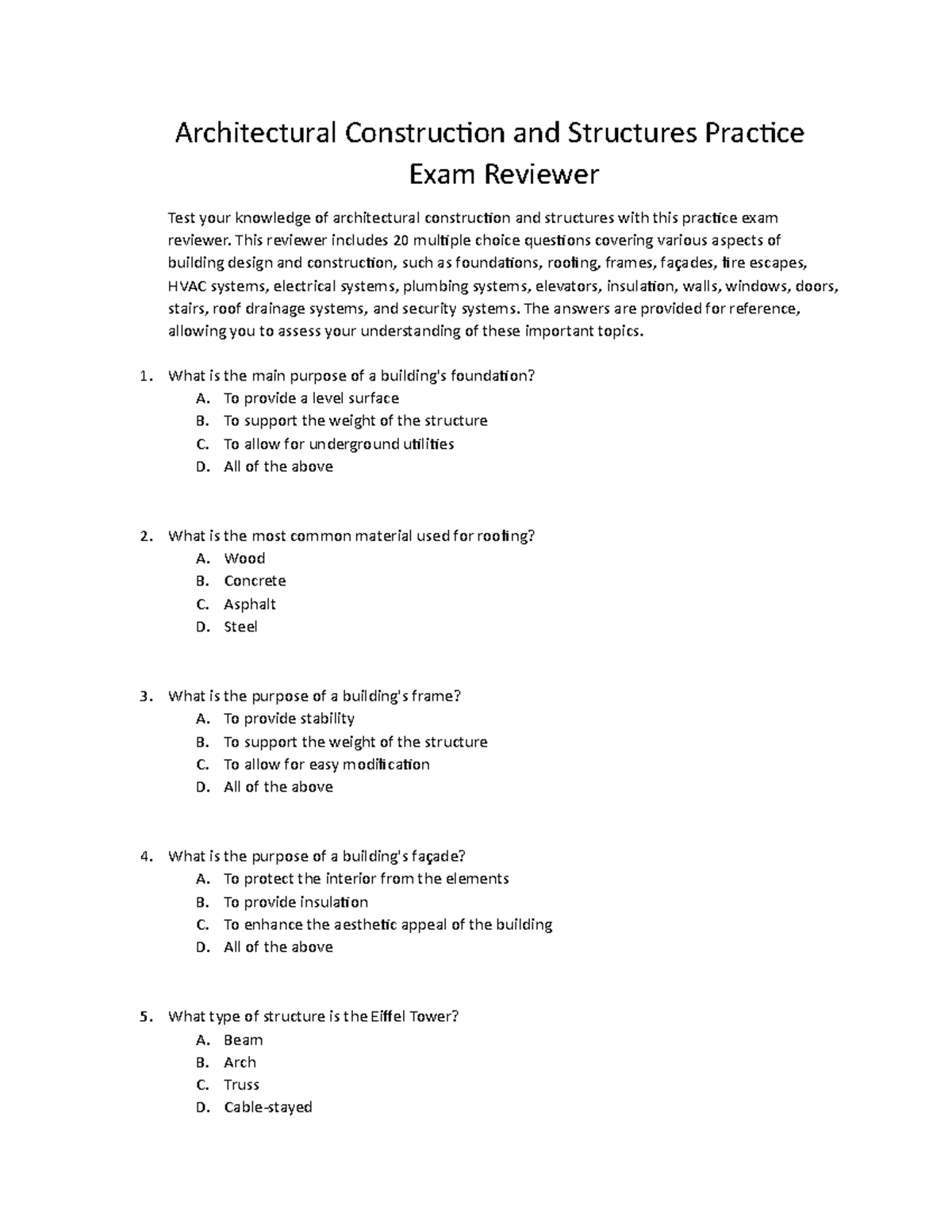 Architectural Construction and Structures Practice Exam Reviewer This