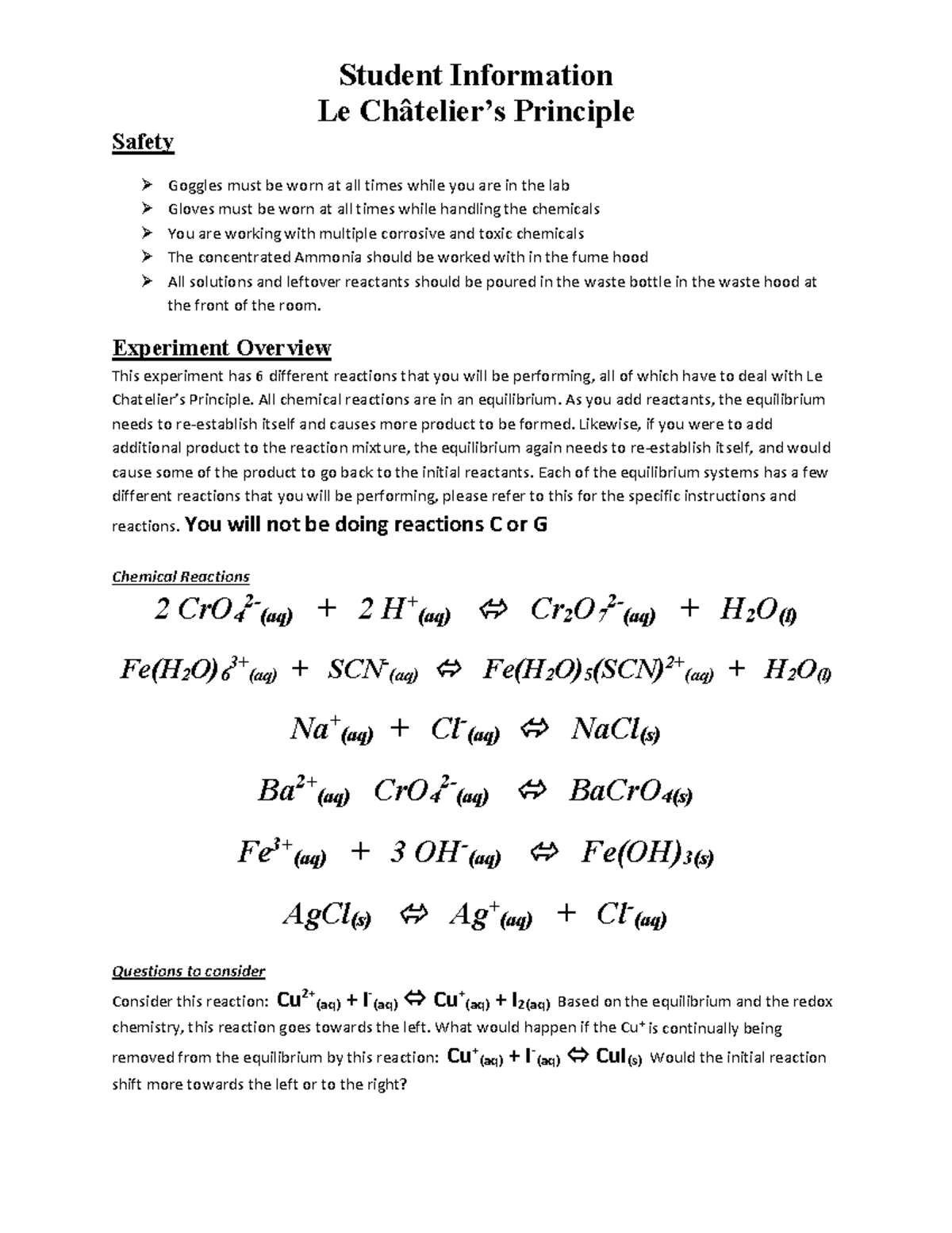 Experiment 19 Le Chat Student Information Le Châtelier’s Principle