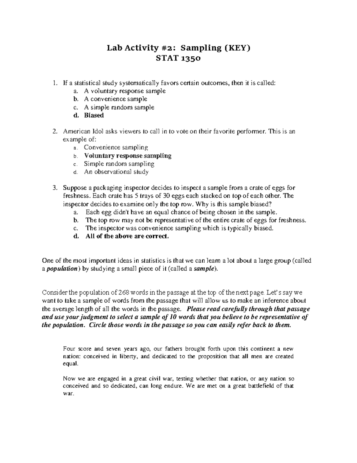 Lab2 Sampling KEY Answer key Lab Activity 2 Sampling (KEY) STAT 1350 If a statistical