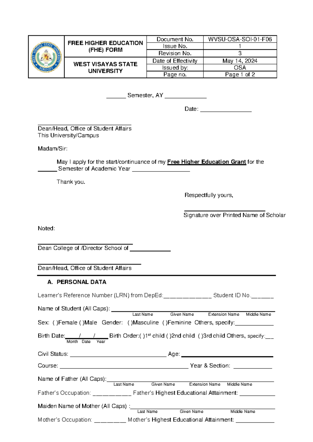 FREE Higher Education (FHE) R - FREE HIGHER EDUCATION (FHE) FORM ...