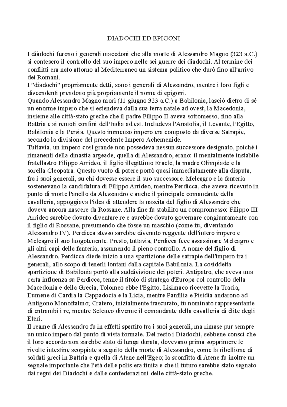 Diadochi ED Epigoni - storia greca dopo la morte di Alessandro Magno ...