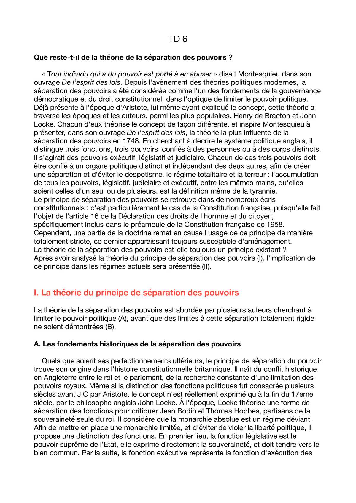 TD 6 : La Séparation Des Pouvoirs - TD 6 Que Reste-t-il De La Théorie ...