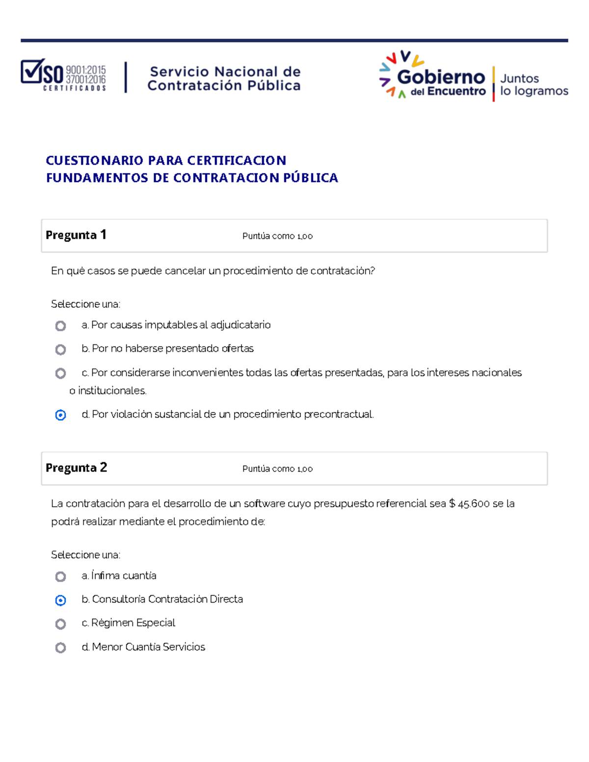 Cuestionario Sercop - En Qué Casos Se Puede Cancelar Un Procedimiento ...